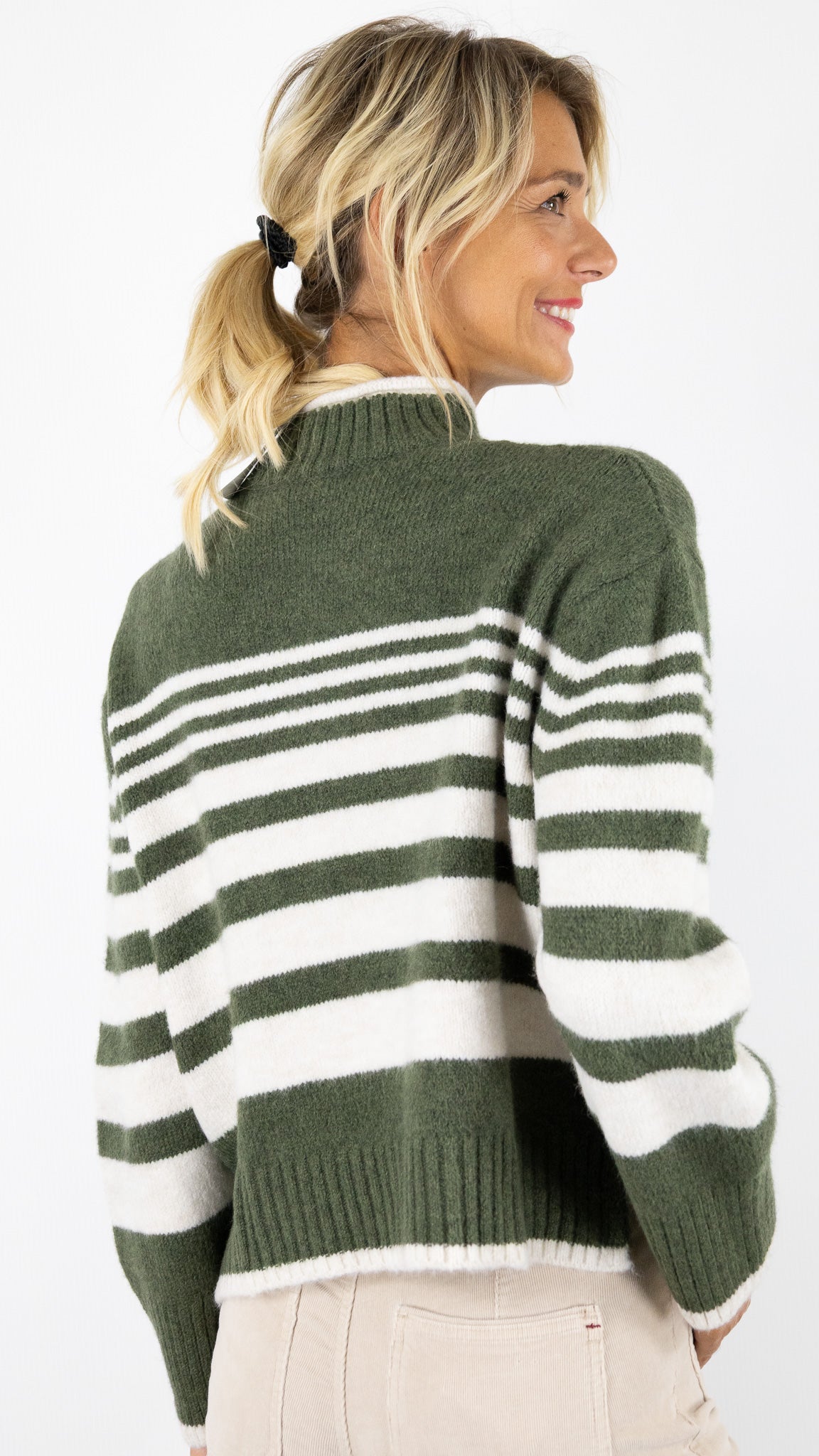 PULL col cheminée raye pour femme AN'GE LERONI#COLOR_RAYE KAKI