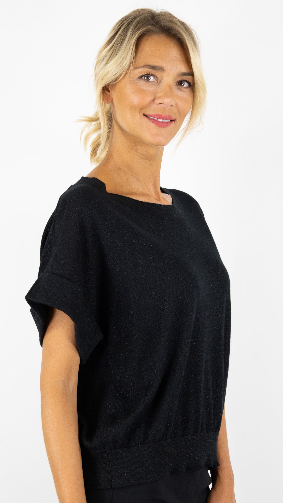 PULL LAME COL ROND MANCHES COURTES POUR FEMME AN'GE LESALOME#COLOR_NOIR