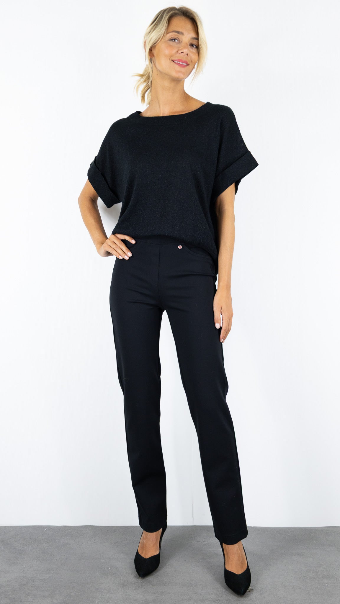 PULL LAME COL ROND MANCHES COURTES POUR FEMME AN'GE LESALOME#COLOR_NOIR