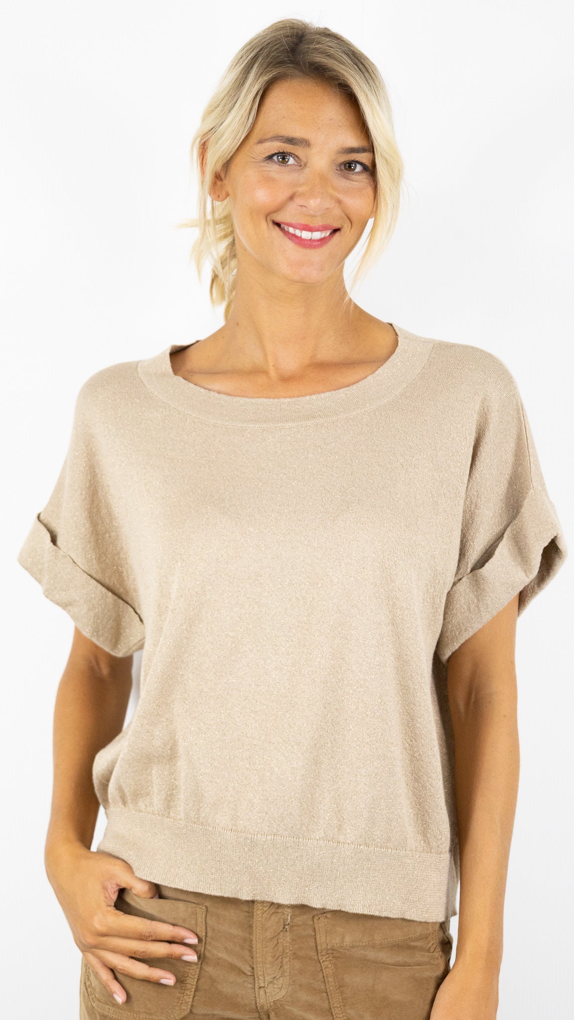 PULL LAME COL ROND MANCHES COURTES POUR FEMME AN'GE LESALOME#COLOR_SABLE