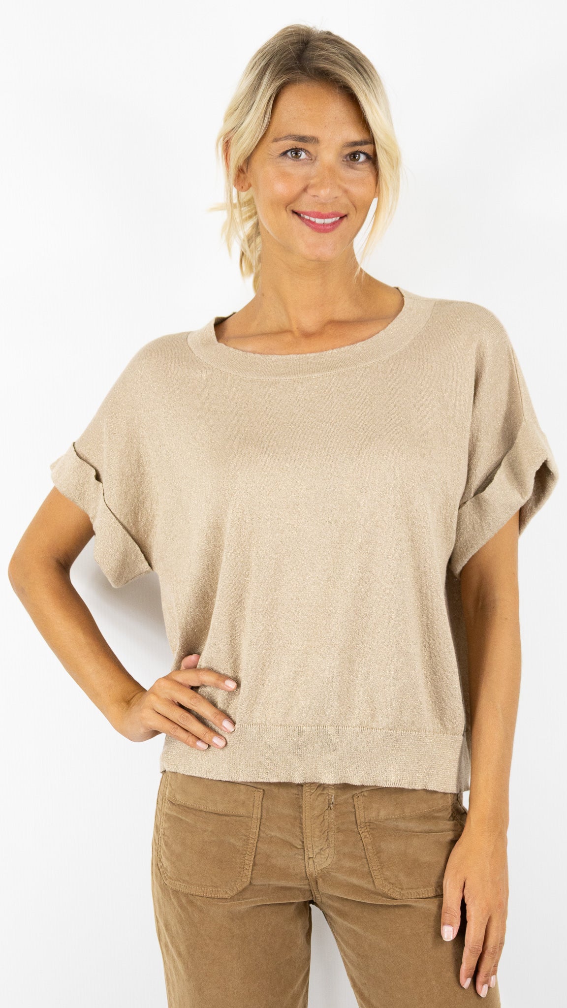 PULL LAME COL ROND MANCHES COURTES POUR FEMME AN'GE LESALOME#COLOR_SABLE