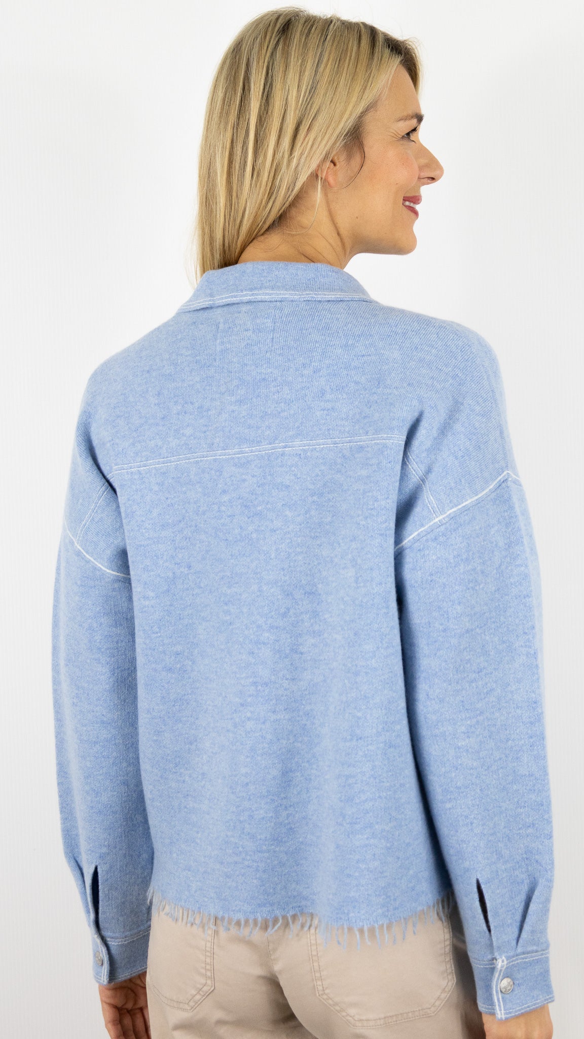 BLOUSON COL POLO EN CACHEMIRE POUR FEMME DENIM CIEL NOT SHY LEVO