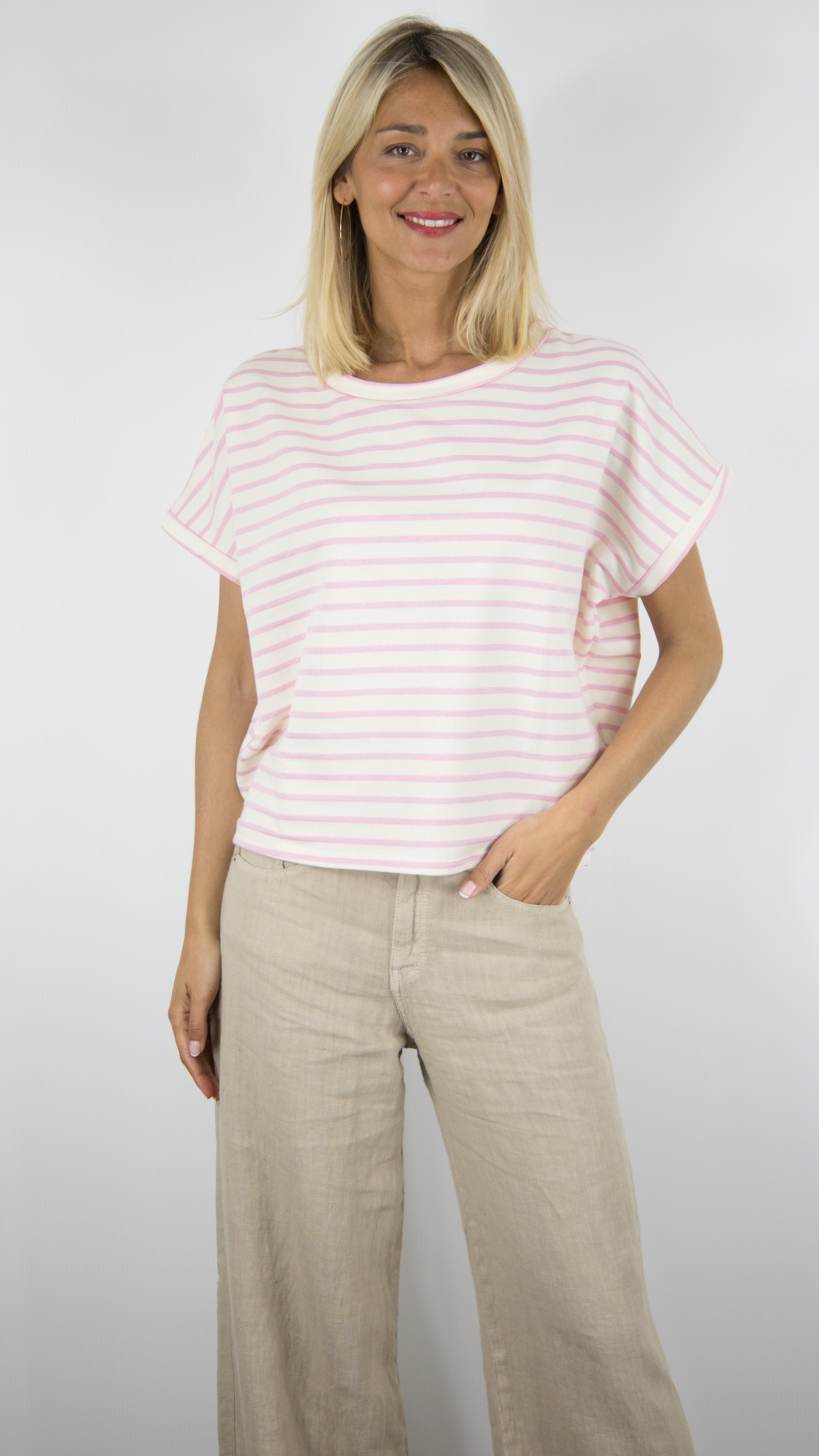 TEE-SHIRT RAYE MANCHES COURTES 100% COTON LUK AP LK7786 VTM1#COLOR_ROSE