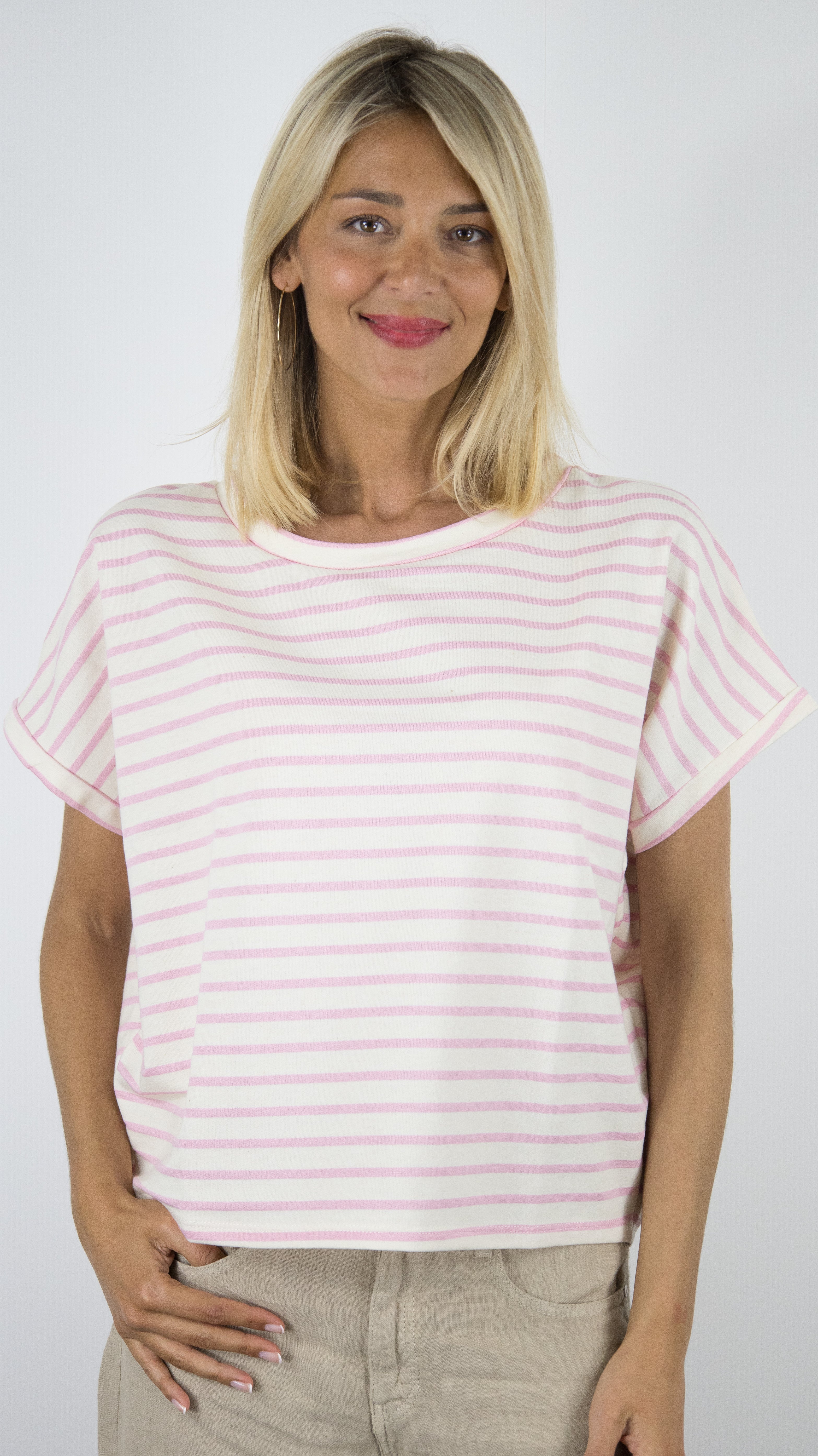 TEE-SHIRT RAYE MANCHES COURTES 100% COTON LUK AP LK7786 VTM1#COLOR_ROSE