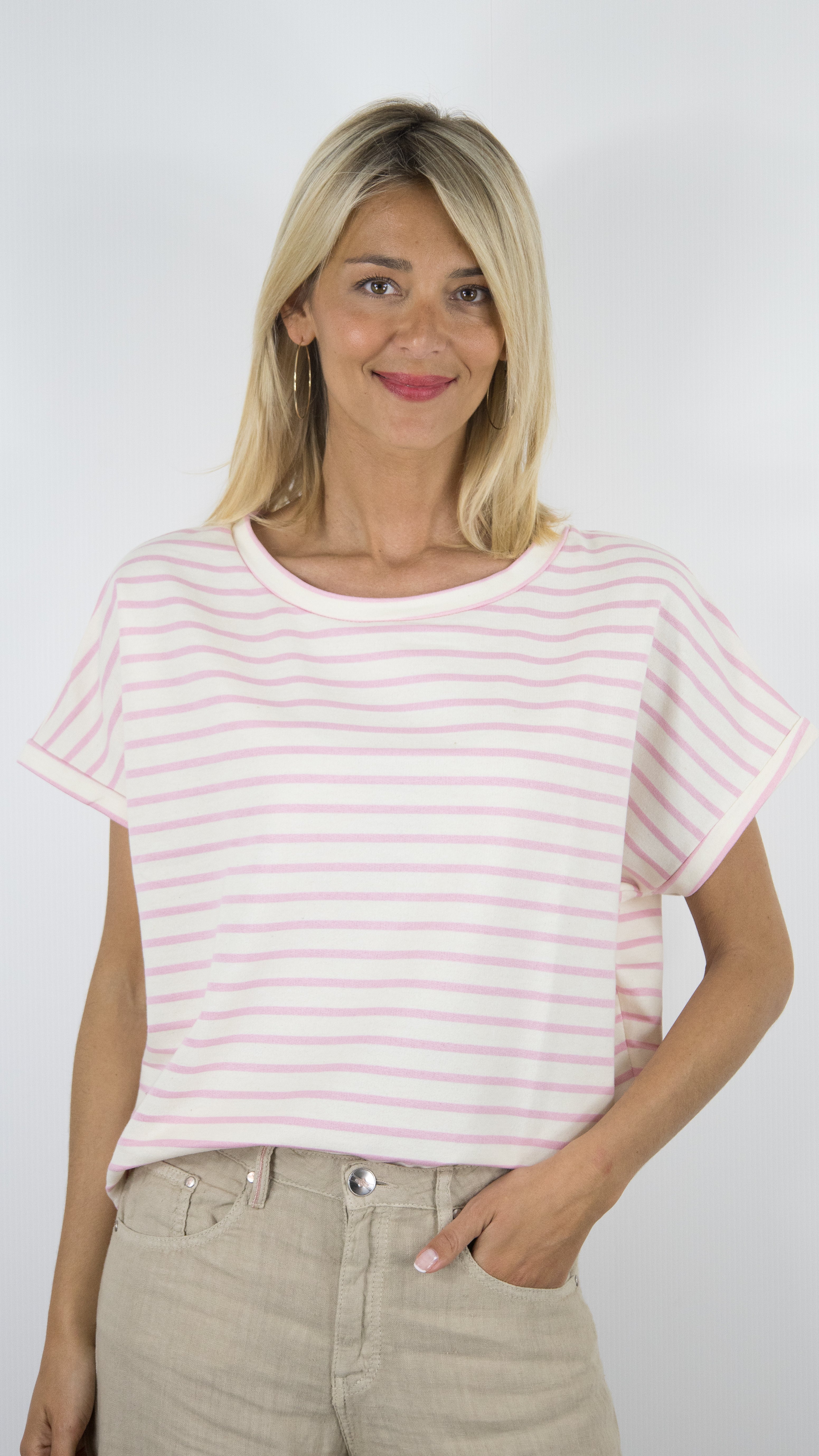 TEE-SHIRT RAYE MANCHES COURTES 100% COTON LUK AP LK7786 VTM1#COLOR_ROSE