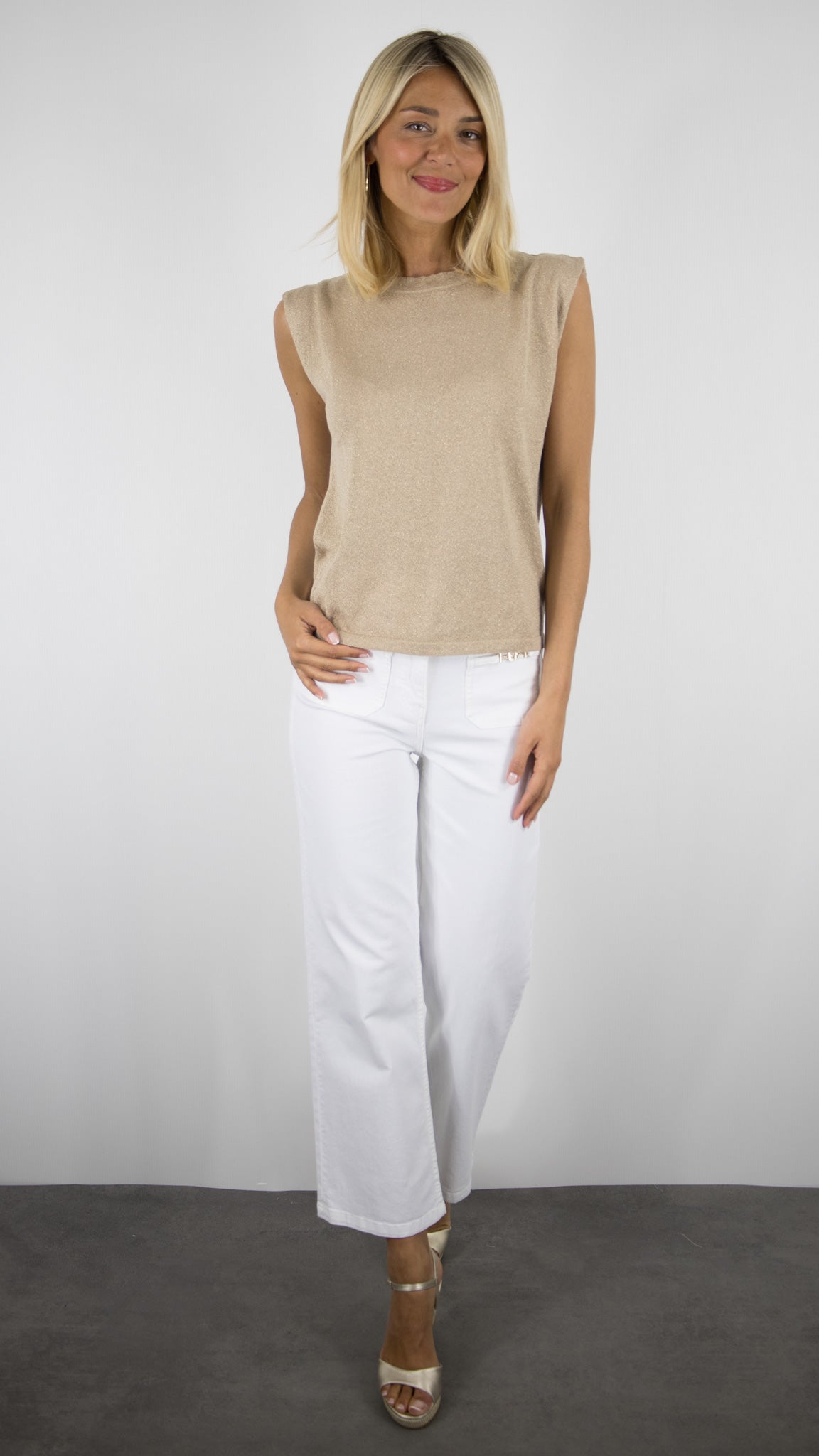 PULL SANS MANCHES LUREX COL ROND FEMME AN'GE LENATI#COLOR_SABLE
