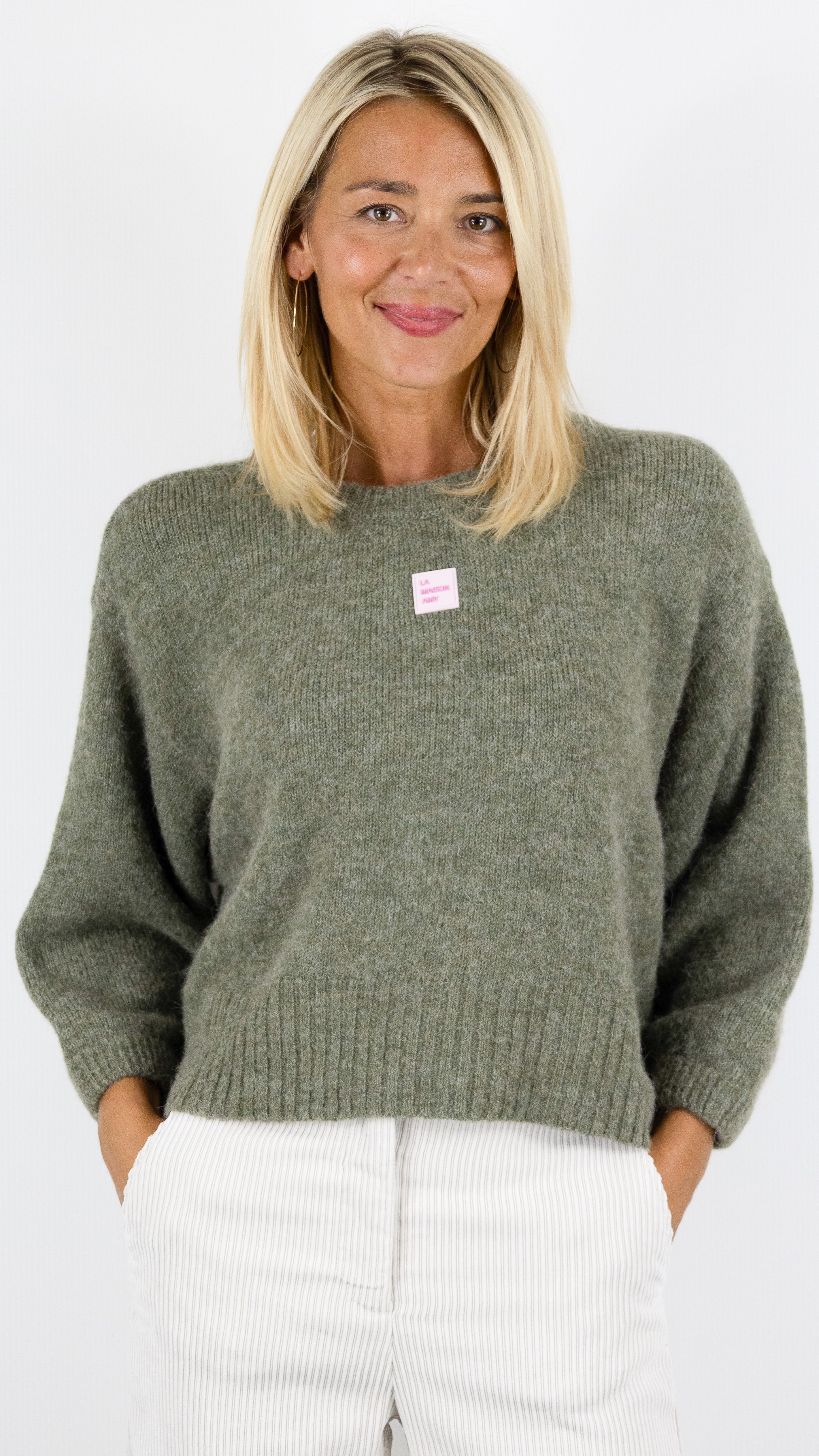 PULL AMPLE COL ROND MAILLE EPAISSE POUR FEMME AMERICAN VINTAGE EAST#COLOR_LEZARD CHINE KAKI 