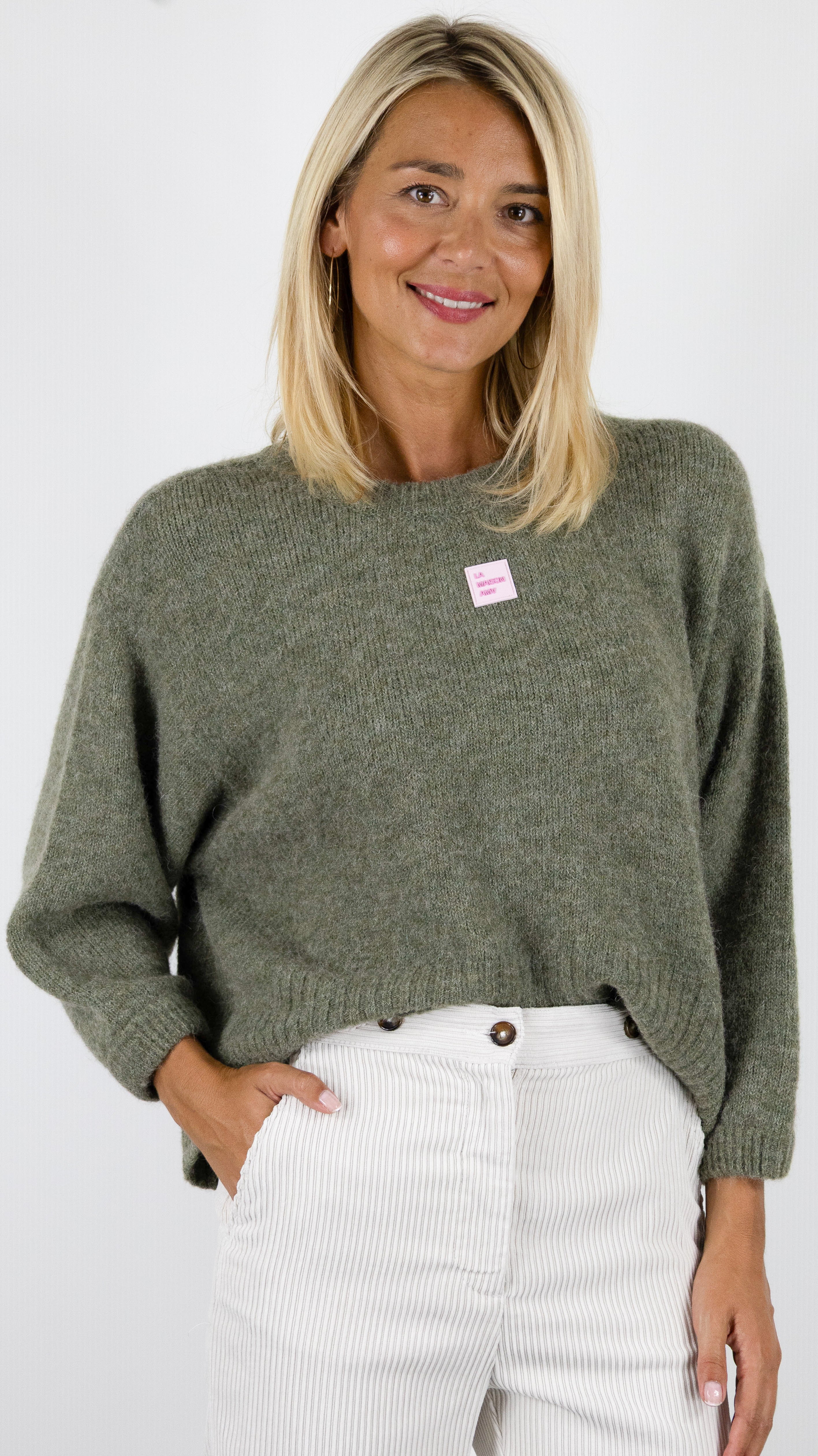 PULL AMPLE COL ROND MAILLE EPAISSE POUR FEMME AMERICAN VINTAGE EAST#COLOR_LEZARD CHINE KAKI 
