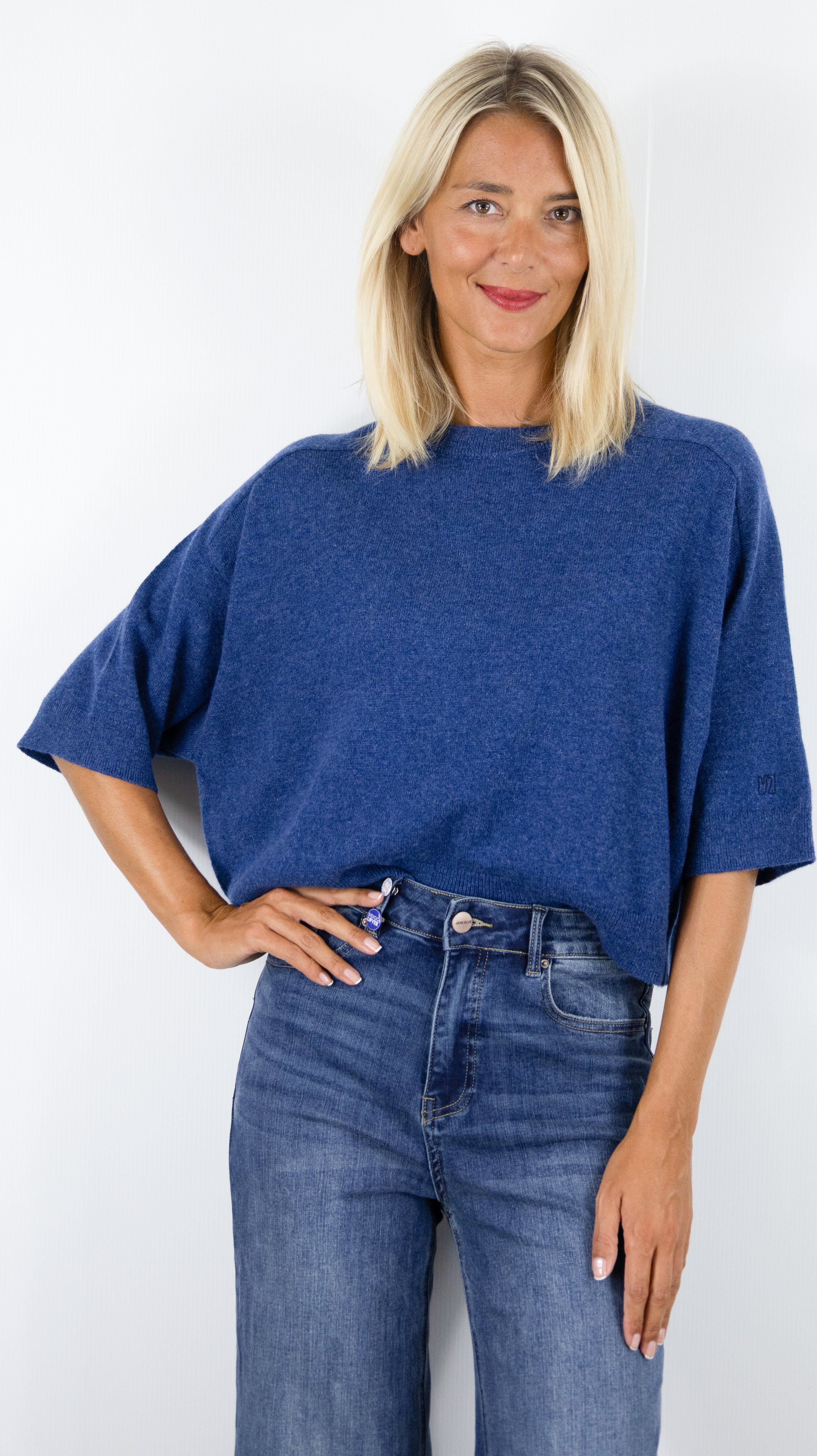 PULL COURT COL ROND MANCHES COURTES FEMME LILOU NOTSHY#COLOR_ENCRE/INDIGO