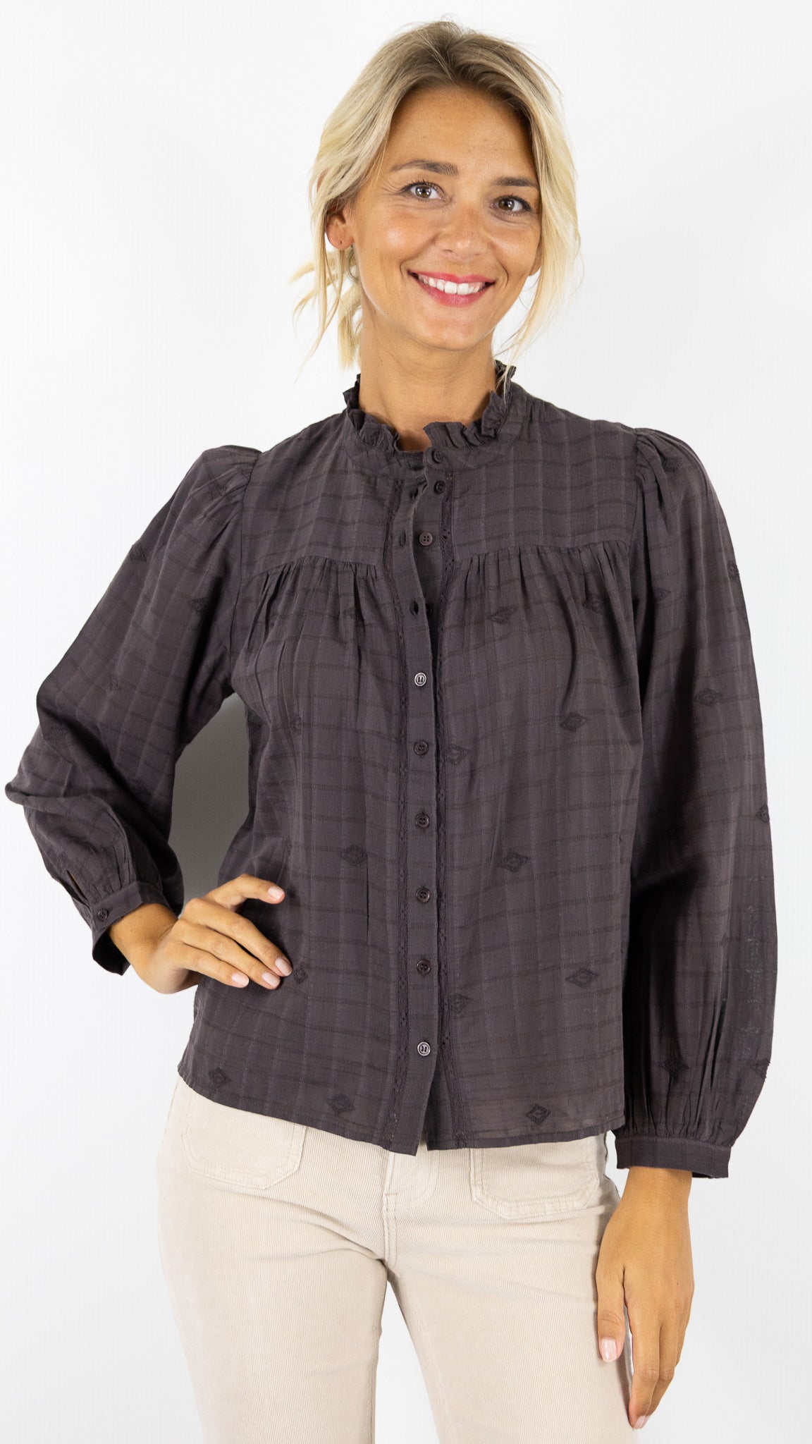 BLOUSE FLUIDE AMPLE A CARREAUX BA&SH MELODY#COLOR_CHOCOLAT