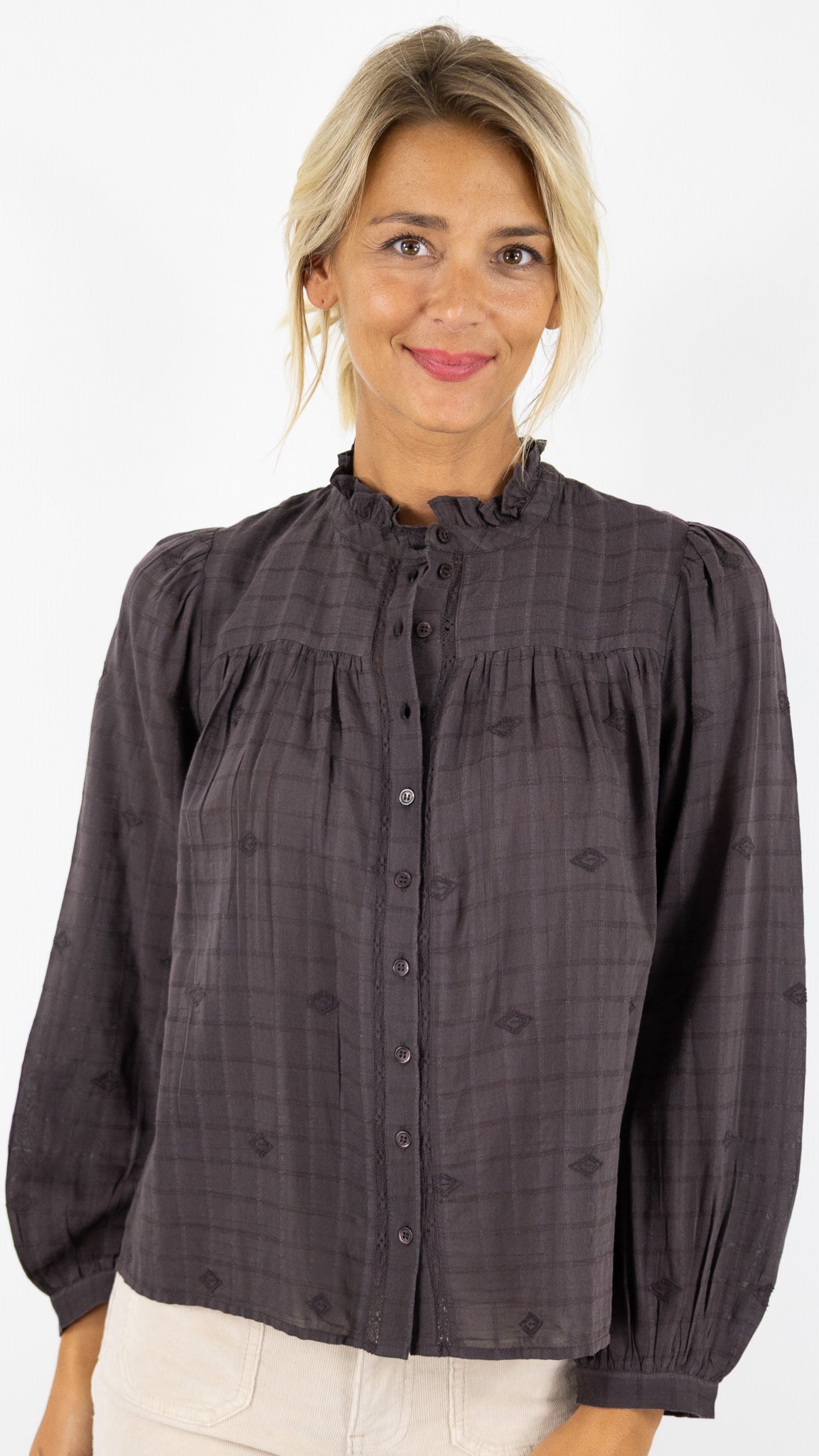 BLOUSE FLUIDE AMPLE A CARREAUX BA&SH MELODY#COLOR_CHOCOLAT