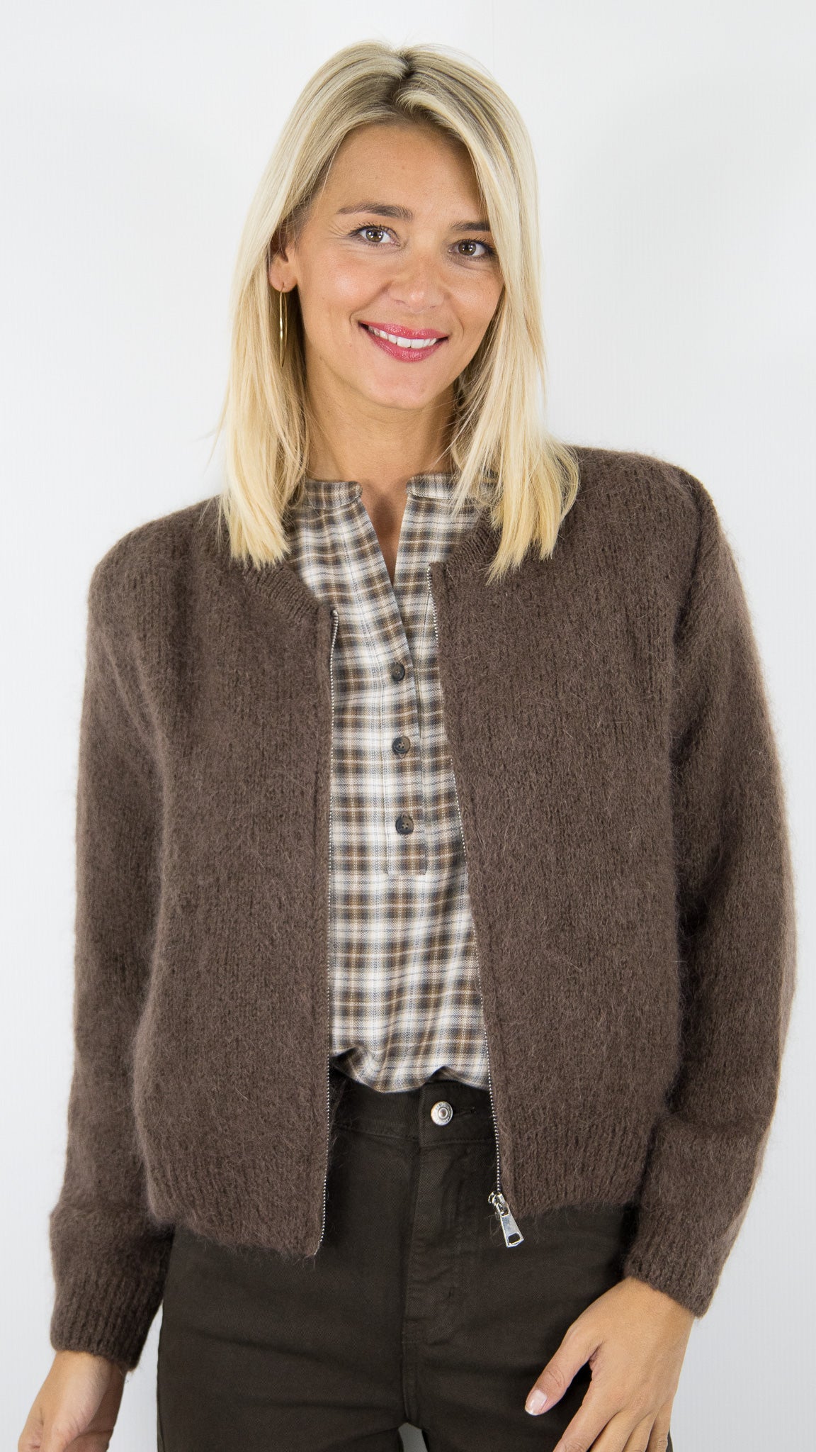 GILET ZIPPE EN MOHAIR POUR FEMME  NAIS MN11005S#COLOR_CHOCO