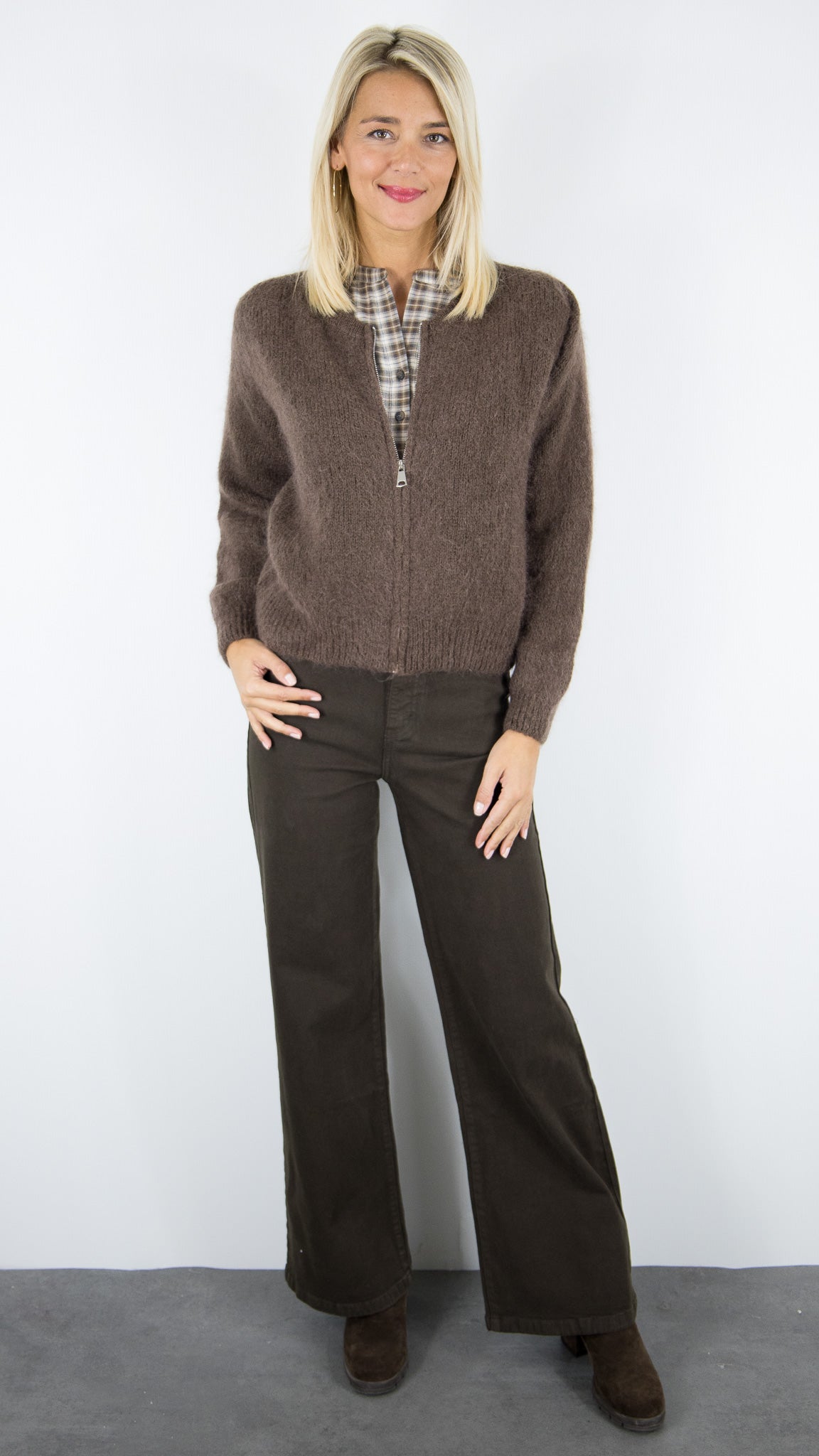 GILET ZIPPE EN MOHAIR POUR FEMME  NAIS MN11005S#COLOR_CHOCO