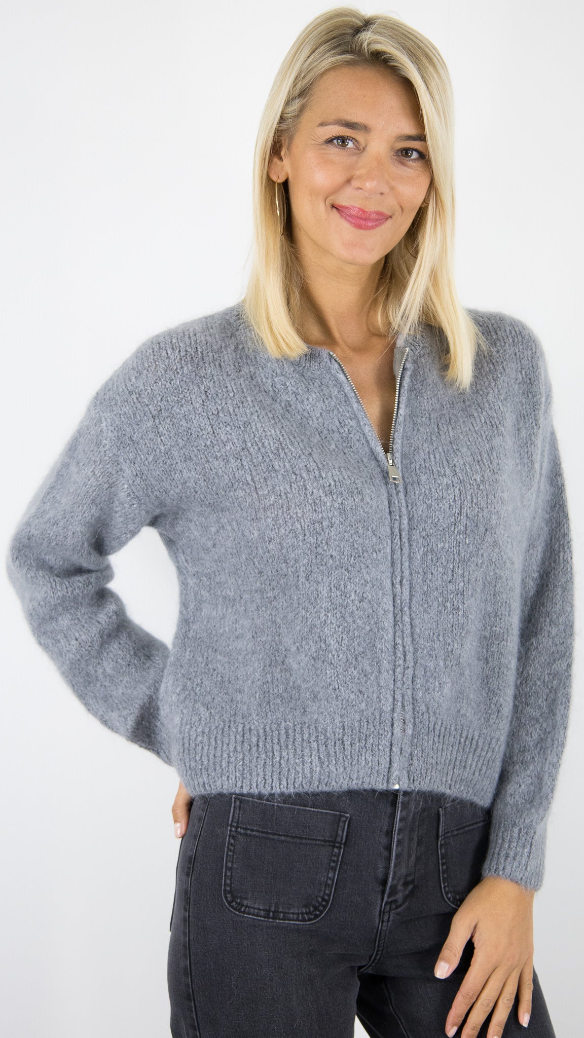 GILET ZIPPE EN MOHAIR POUR FEMME  NAIS MN11005S#COLOR_GRIS