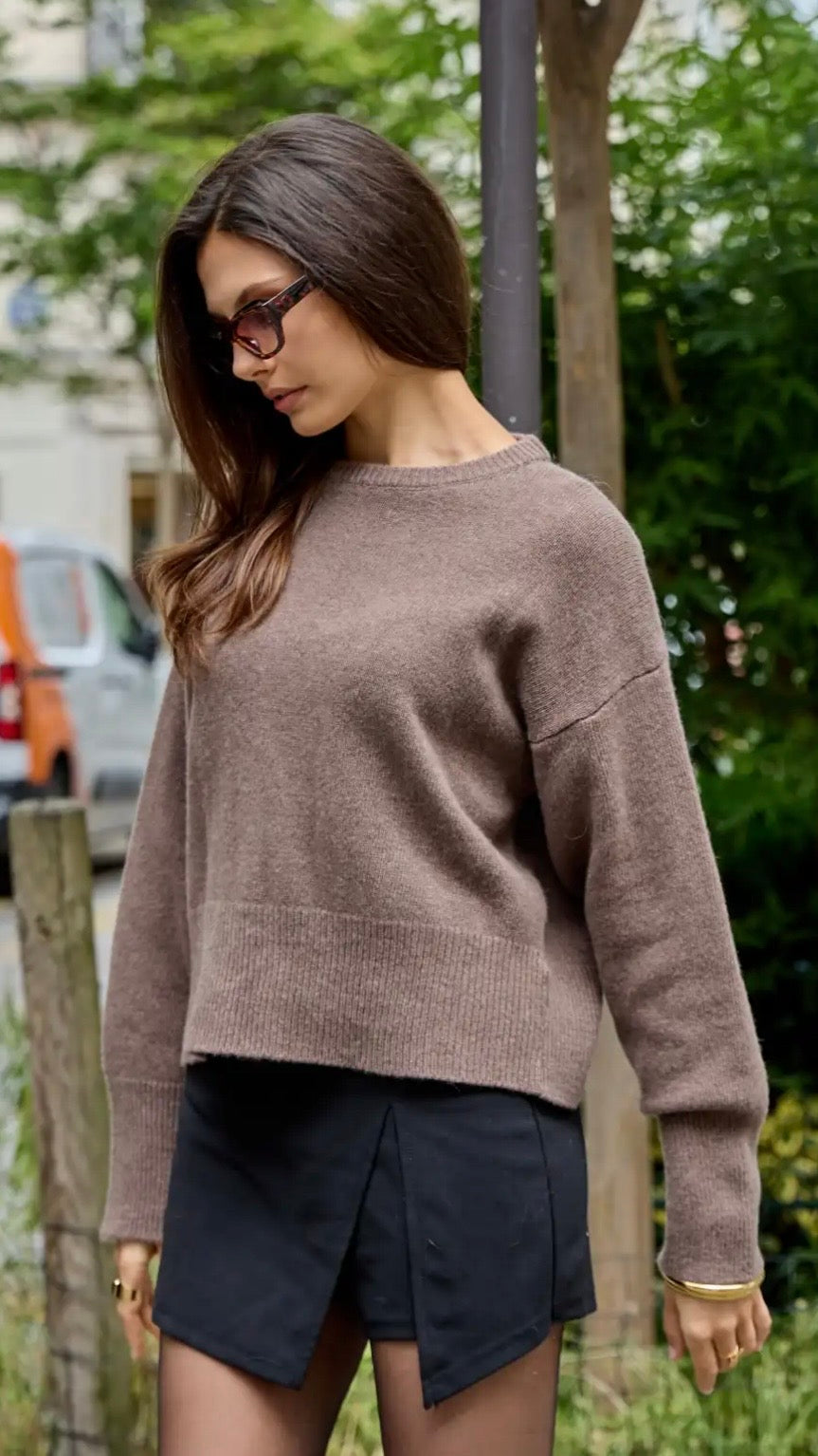 PULL V MANCHES COURTES EN LAINE MERINOS POUR FEMME NAIS MN12308#COLOR_TAUPE