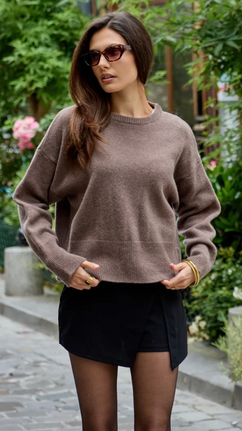 PULL V MANCHES COURTES EN LAINE MERINOS POUR FEMME NAIS MN12308#COLOR_TAUPE