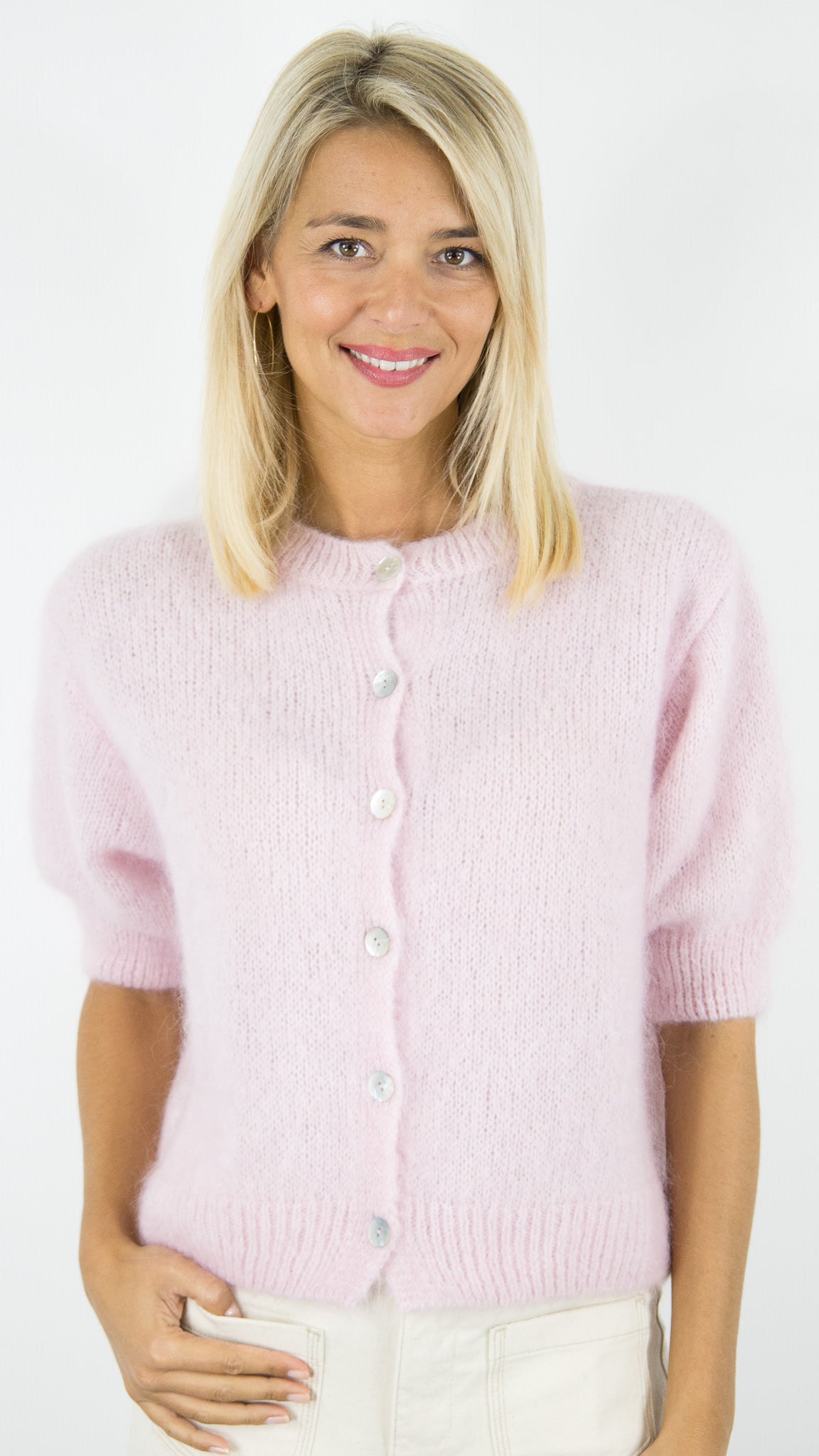 GILET EN MOHAIR MANCHES CORUTES FEMME ROSE PASTEL NAIS MN24539 