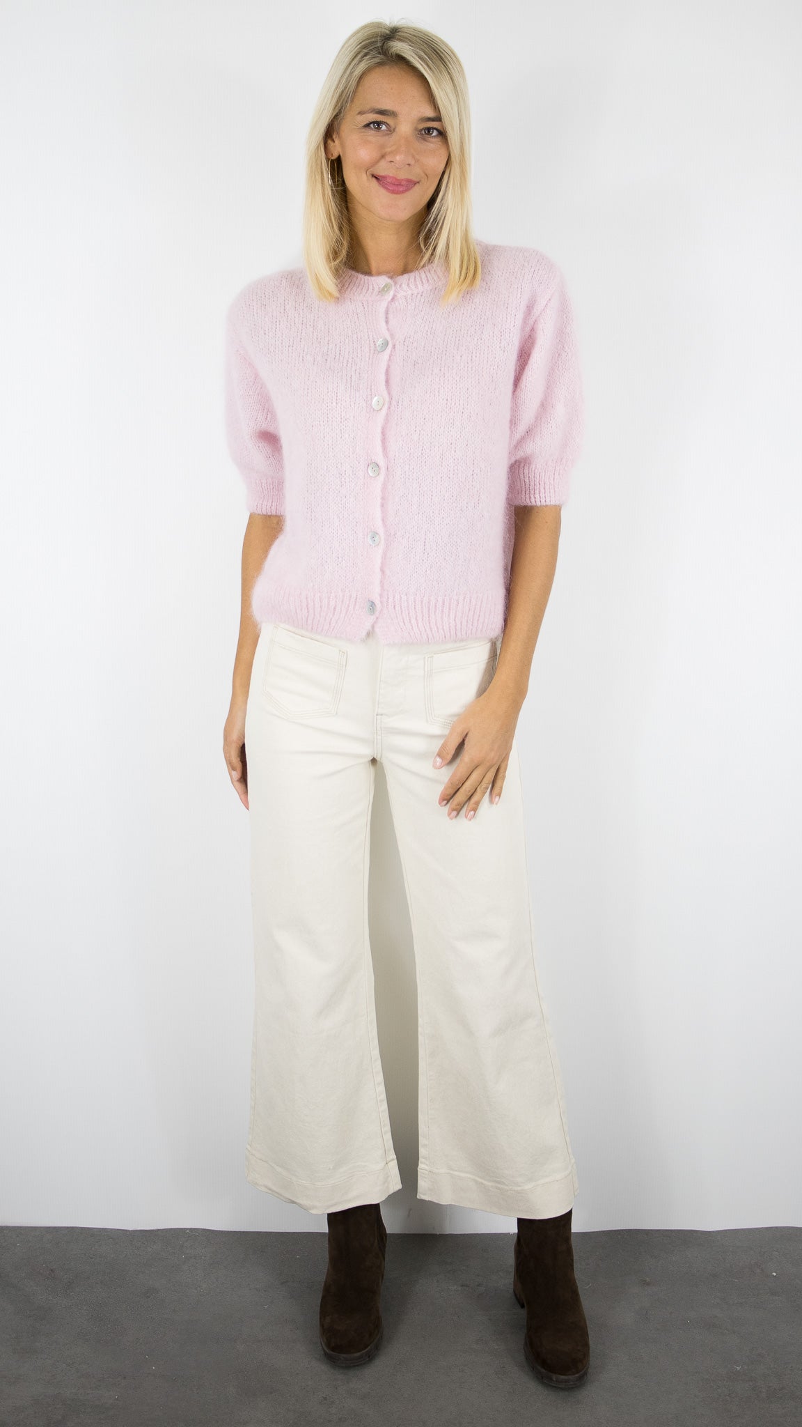 GILET EN MOHAIR MANCHES CORUTES FEMME ROSE PASTEL NAIS MN24539 