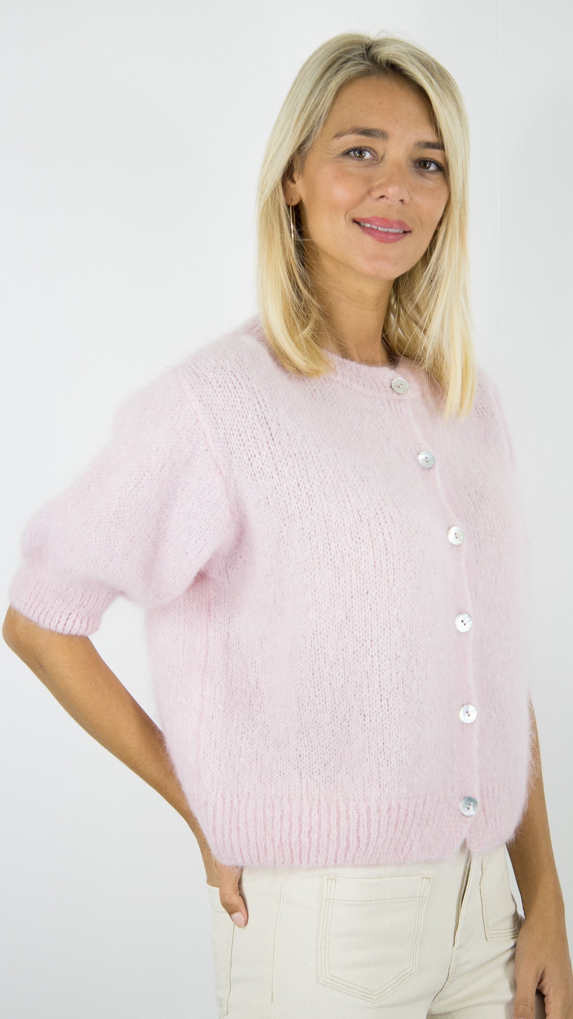 GILET EN MOHAIR MANCHES CORUTES FEMME ROSE PASTEL NAIS MN24539 