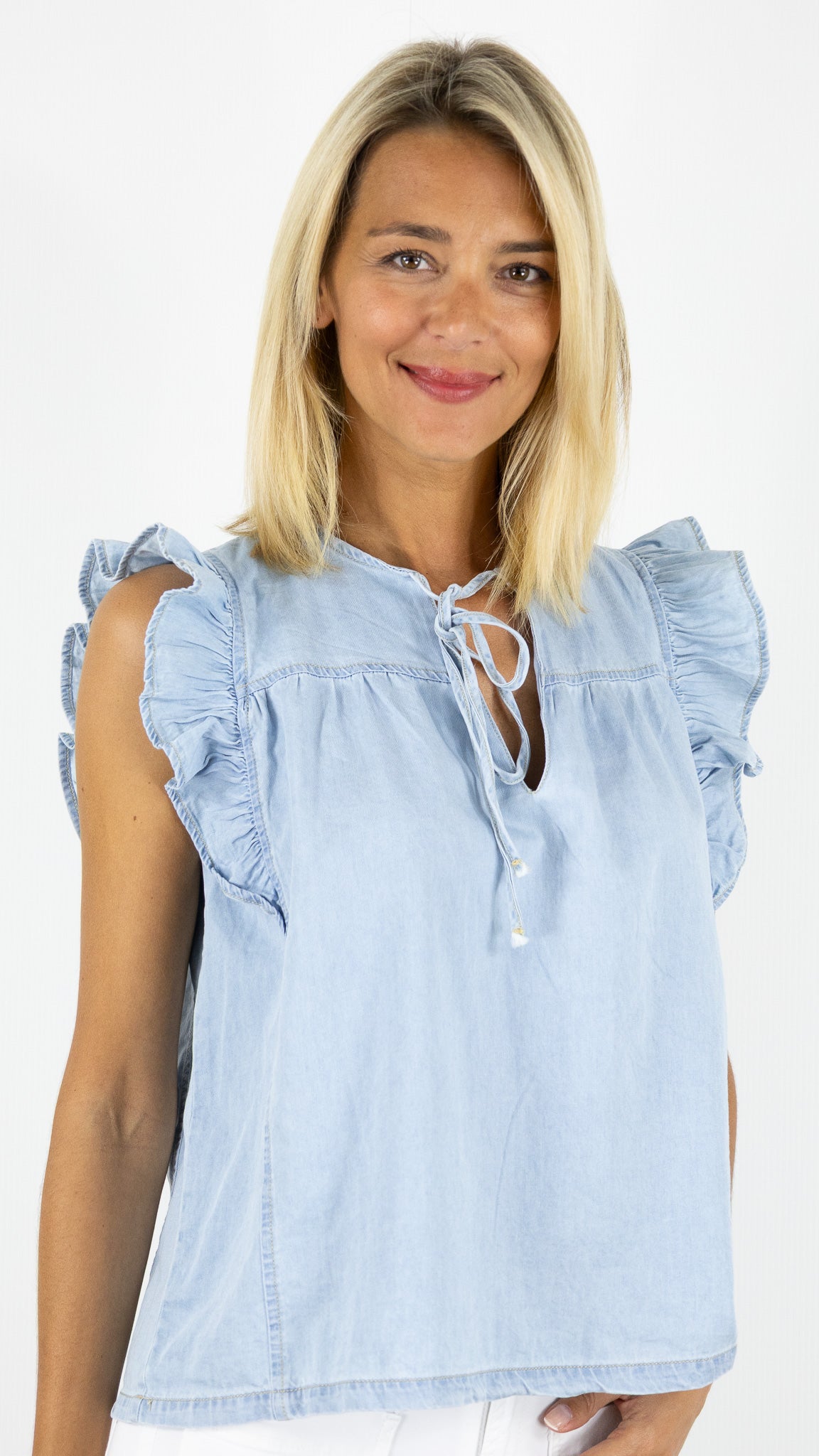 TOP VOLANTE EN DENIM BLEU CLAIR CIMINY M0417