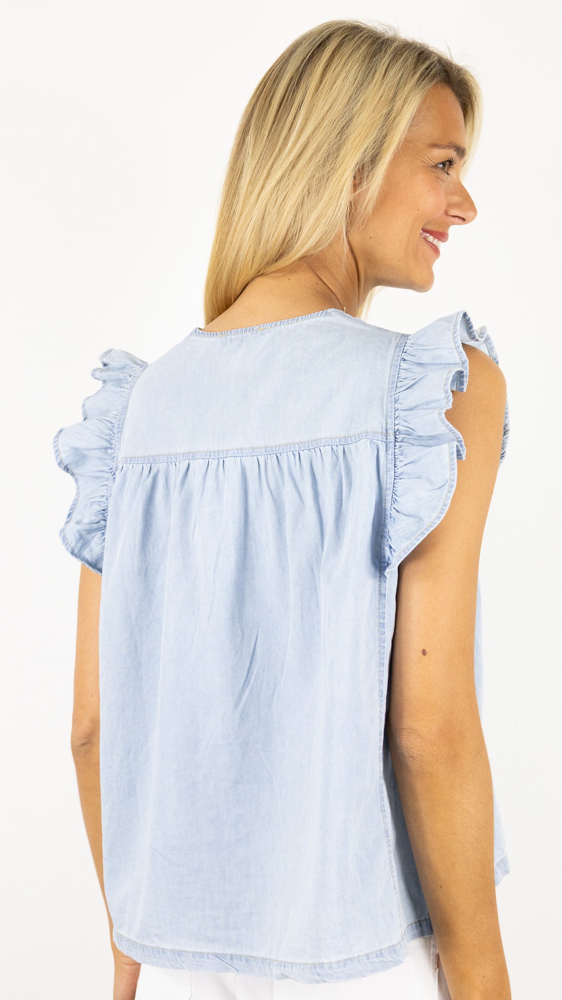 TOP VOLANTE EN DENIM BLEU CLAIR CIMINY M0417