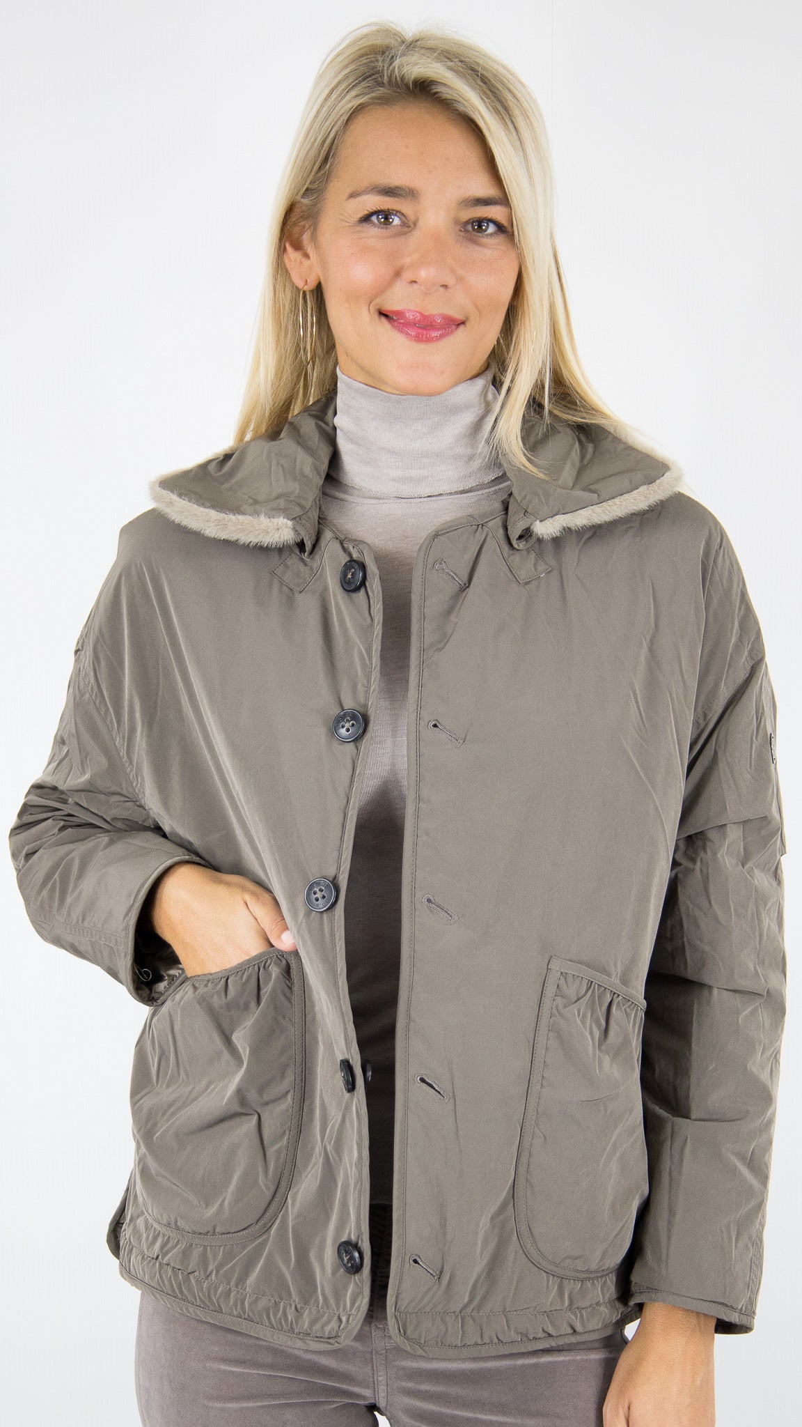 VESTE MATELASSEE REVERSIBLE AVEC COL FOURRURE AMOVIBLE POUR FEMME DARK TAUPE BLONDE N°8 MOORE