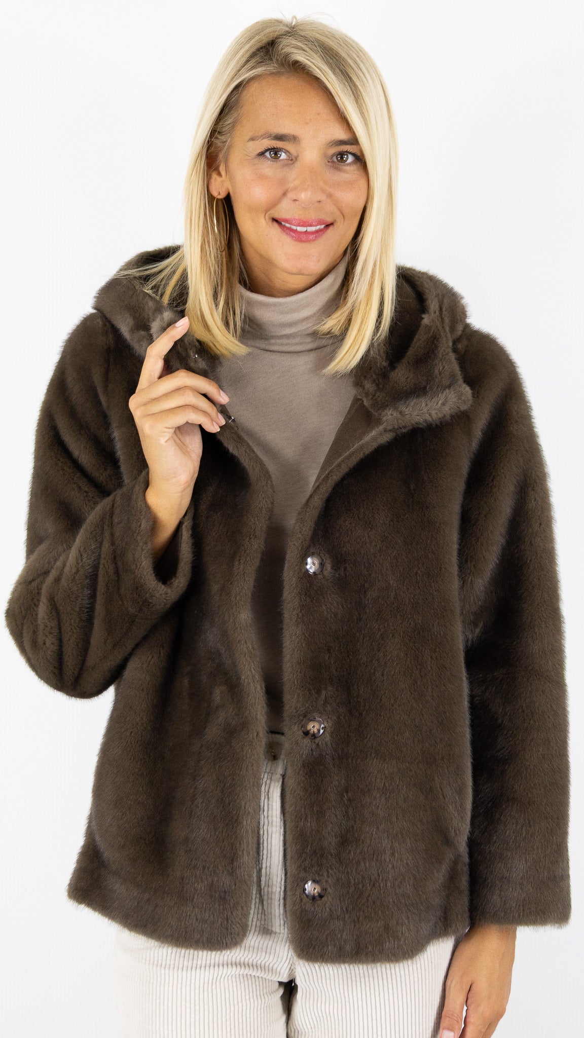 BLOUSON A CAPUCHE EN FAUSSE FOURRURE MARRON CHOCO GERARD DAREL MORGANE