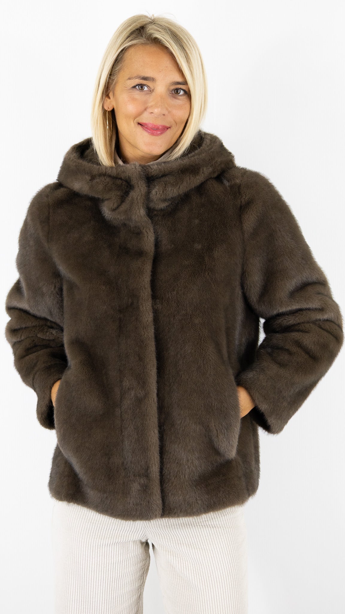 BLOUSON A CAPUCHE EN FAUSSE FOURRURE MARRON CHOCO GERARD DAREL MORGANE