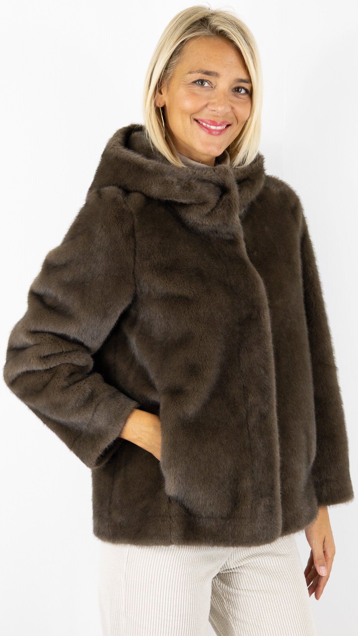 BLOUSON A CAPUCHE EN FAUSSE FOURRURE MARRON CHOCO GERARD DAREL MORGANE