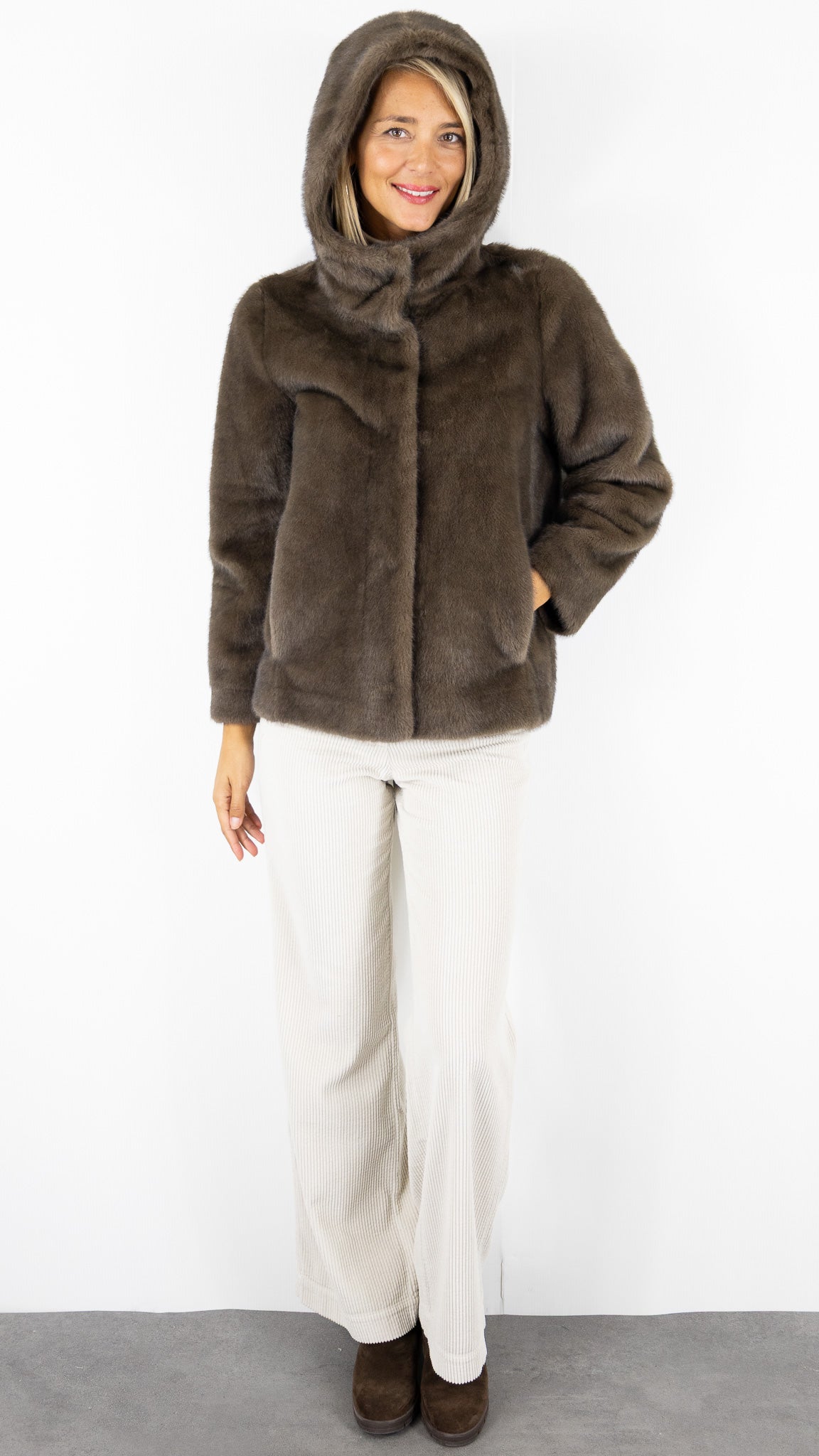 BLOUSON A CAPUCHE EN FAUSSE FOURRURE MARRON CHOCO GERARD DAREL MORGANE