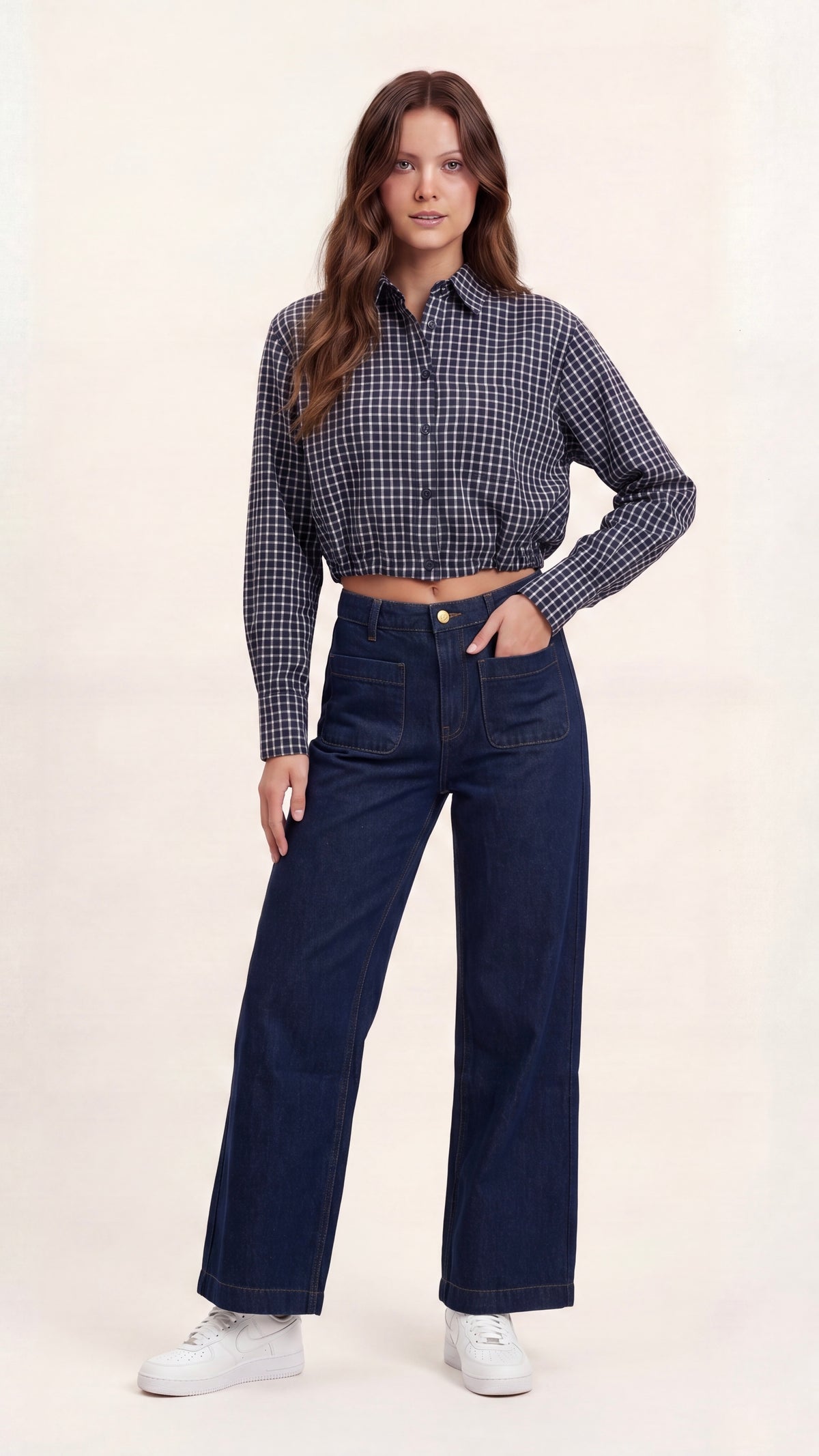 CHEMISE COURTE A CARREAUX MARINE EN COTON POUR FEMME SWEEWE 81516 