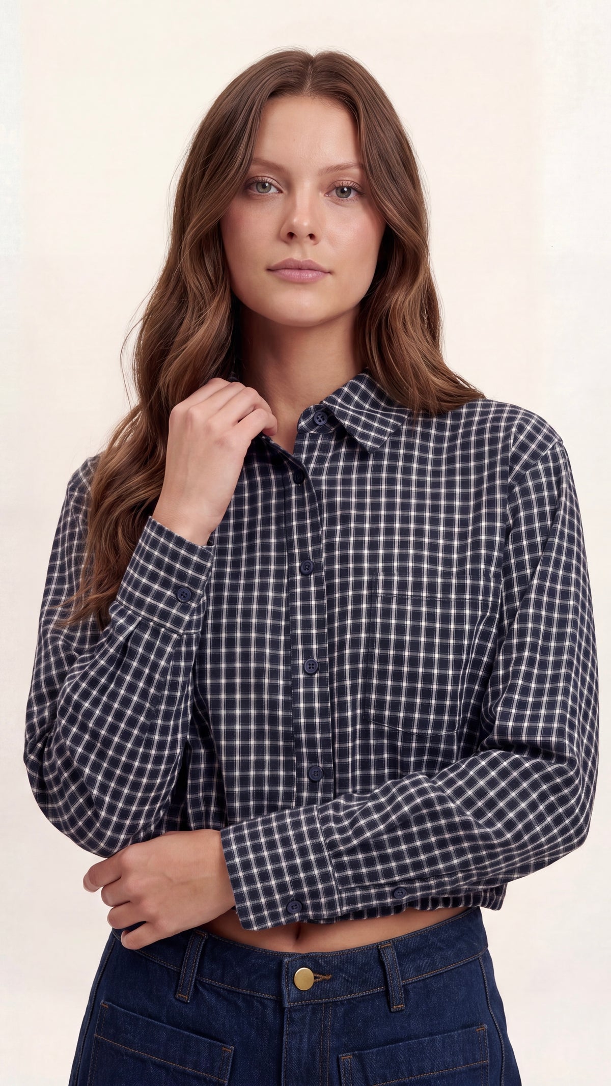 CHEMISE COURTE A CARREAUX MARINE EN COTON POUR FEMME SWEEWE 81516 