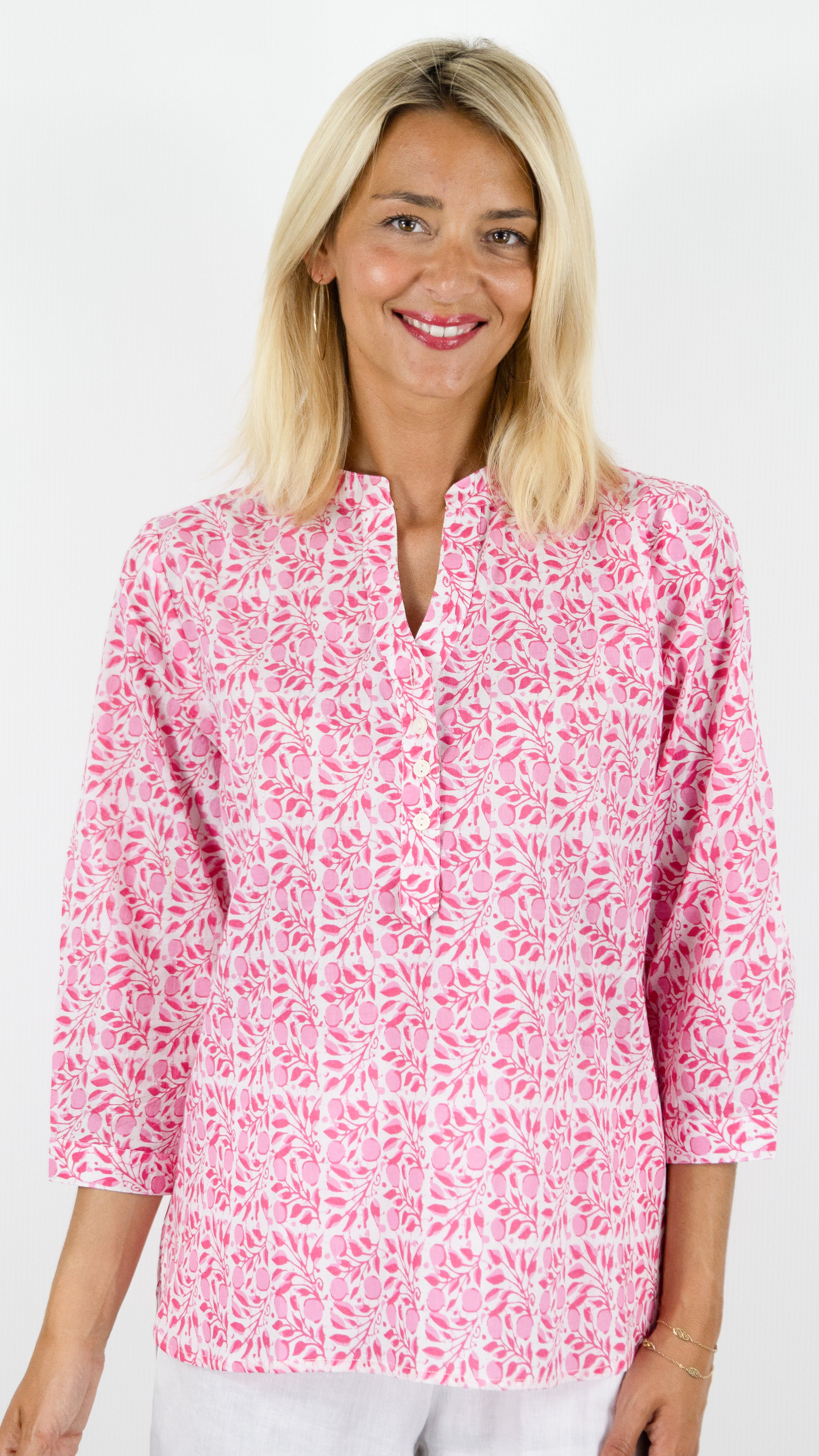 BLOUSE IMPRIMEE EN COTON POUR FEMME ROSE COL TUNISIEN TERRE ROUGE LA40 GOJI ROSE 