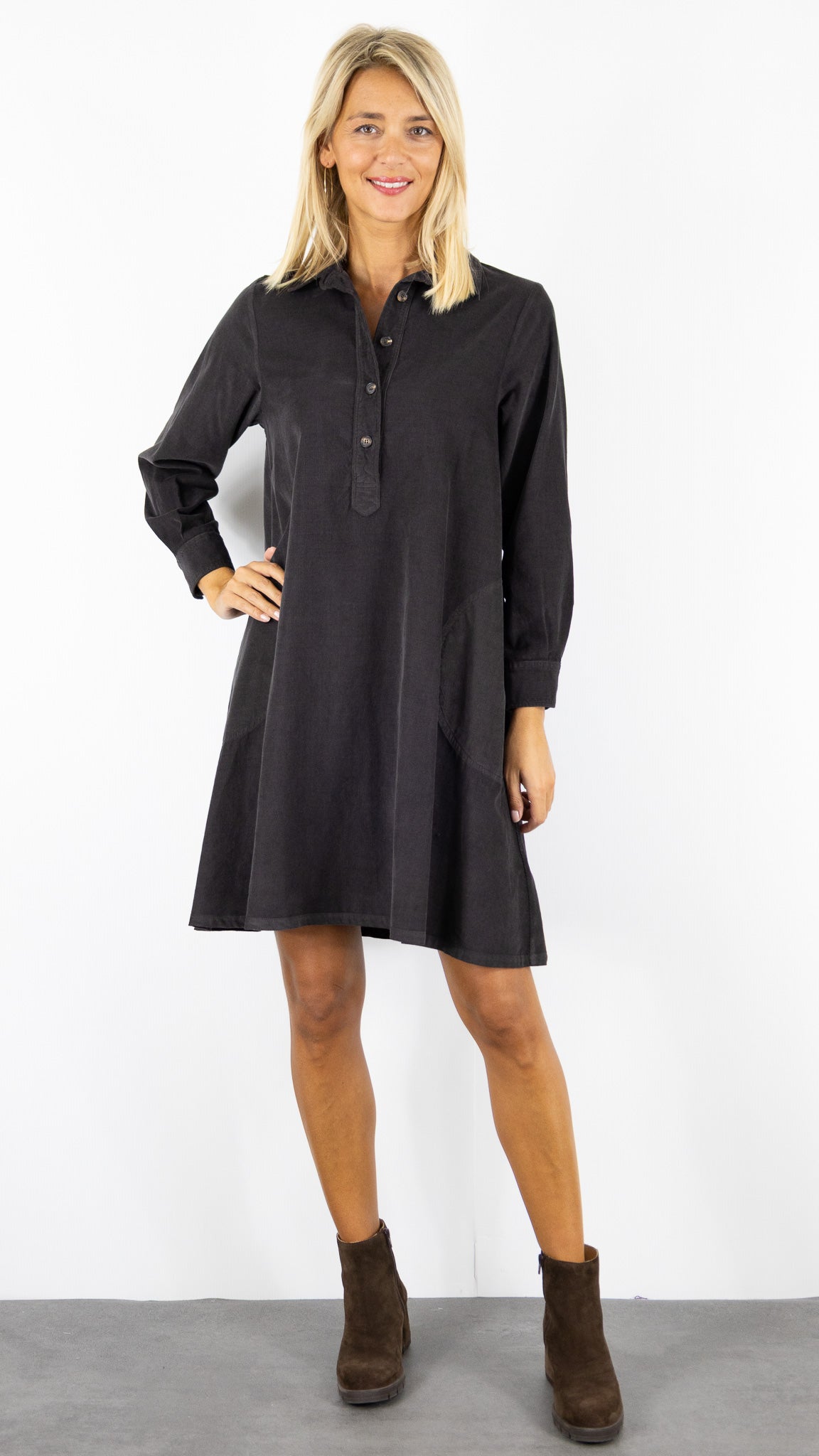 ROBE CHEMISE EVASEE EN VELOURS COTELE ROSSO 35 N1853V/2841#COLOR_749/CHOCOLAT