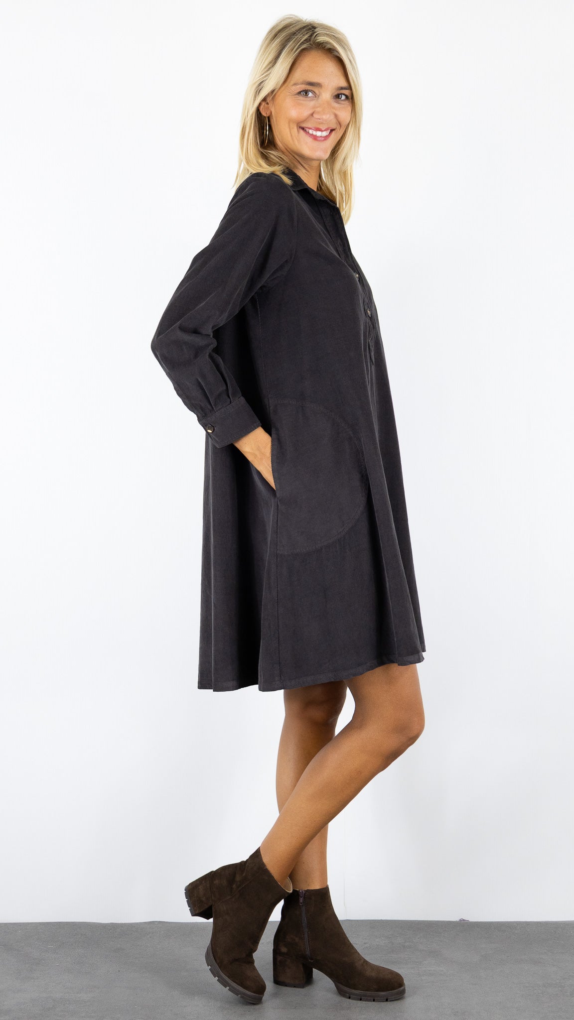 ROBE CHEMISE EVASEE EN VELOURS COTELE ROSSO 35 N1853V/2841#COLOR_749/CHOCOLAT