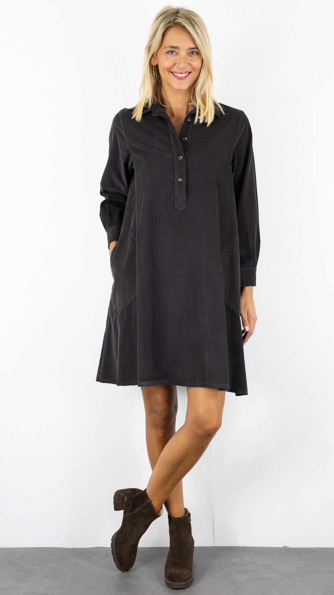 ROBE CHEMISE EVASEE EN VELOURS COTELE ROSSO 35 N1853V/2841#COLOR_749/CHOCOLAT