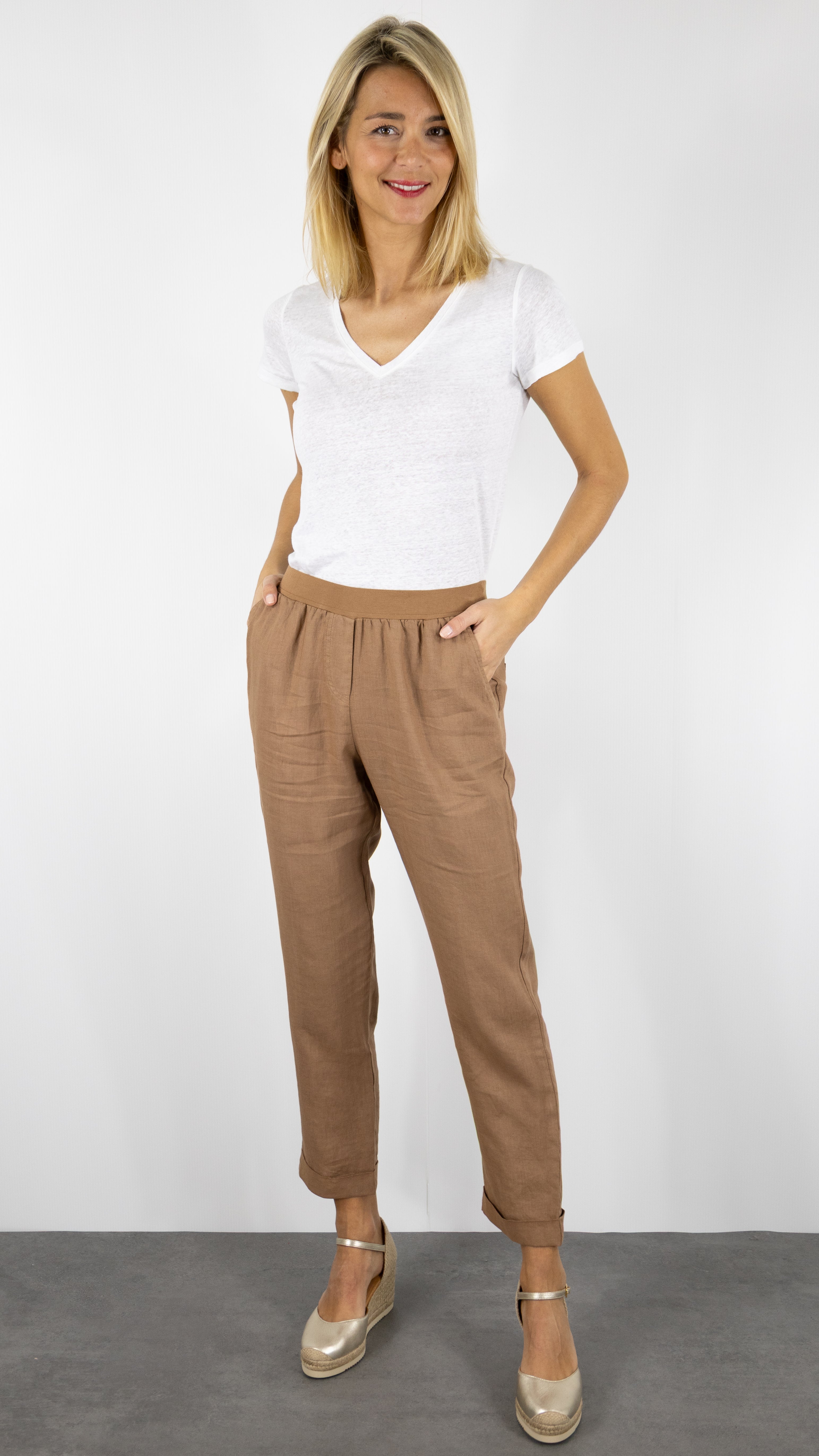 PANTALON EN LIN ROSSO 35 N861PB/8000#COLOR_746/CAMEL