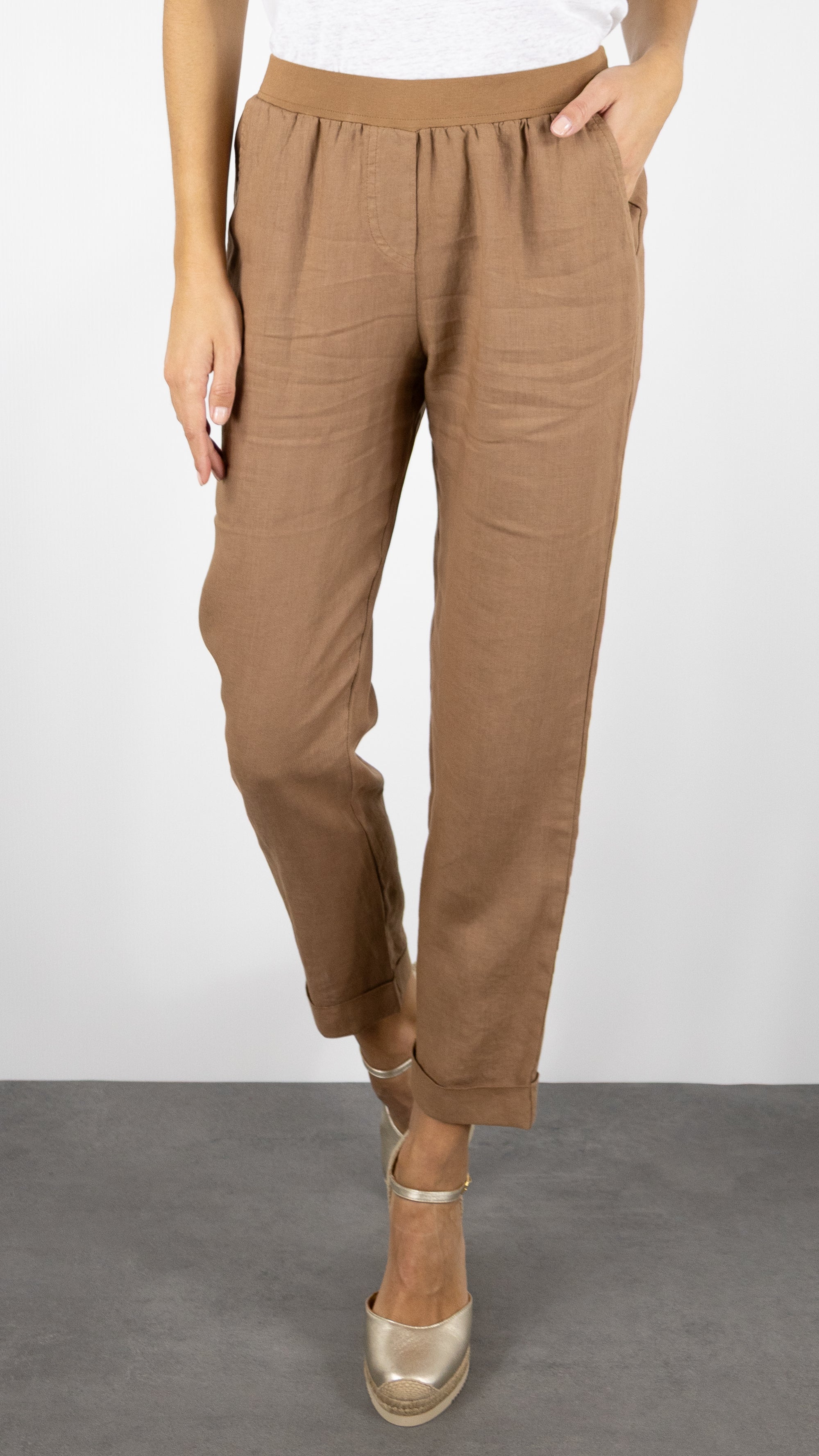 PANTALON EN LIN ROSSO 35 N861PB/8000#COLOR_746/CAMEL