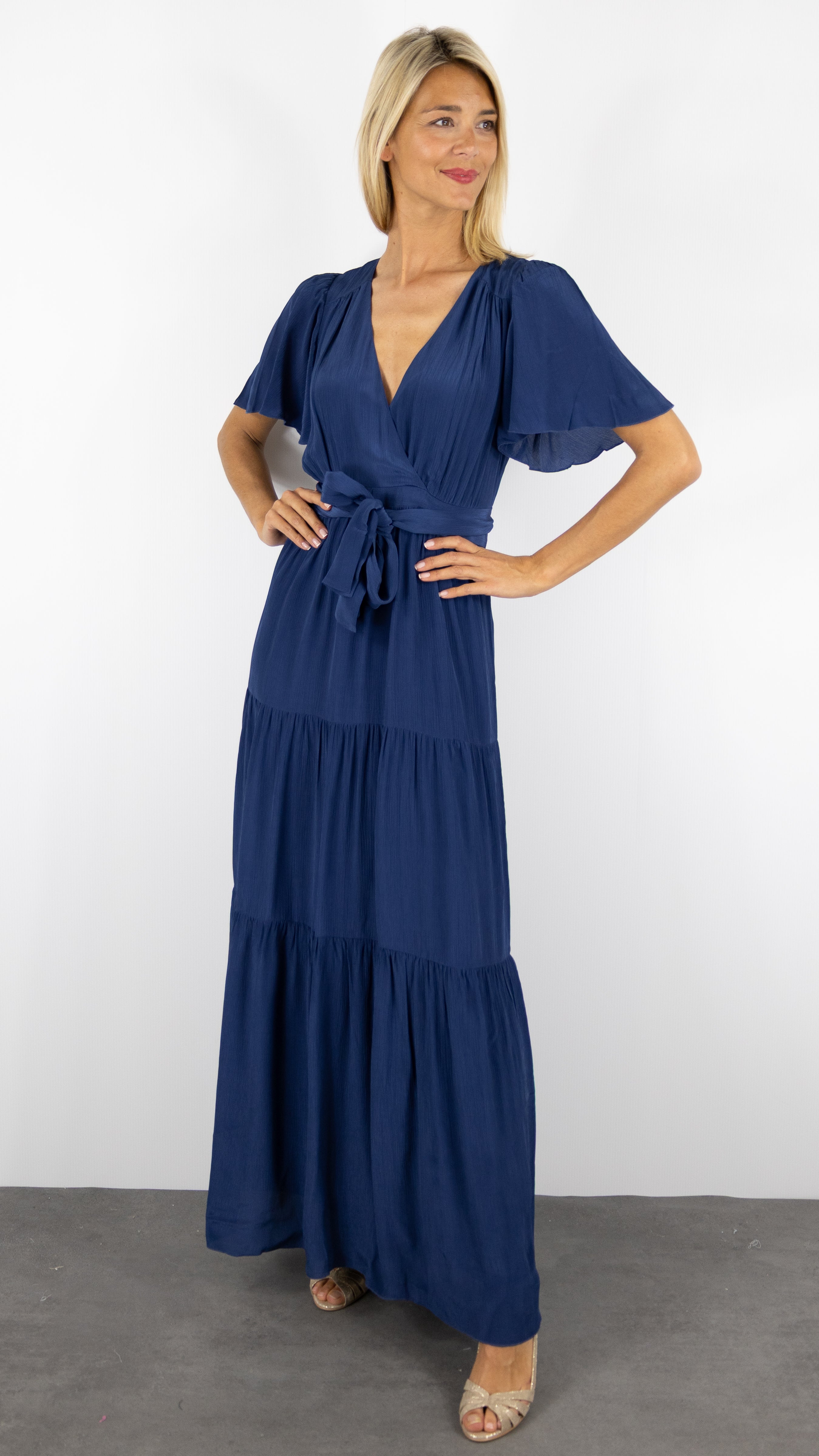 ROBE LONGUE FLUIDE CROISEE BLEU NUIT BA&SH NATALIA 