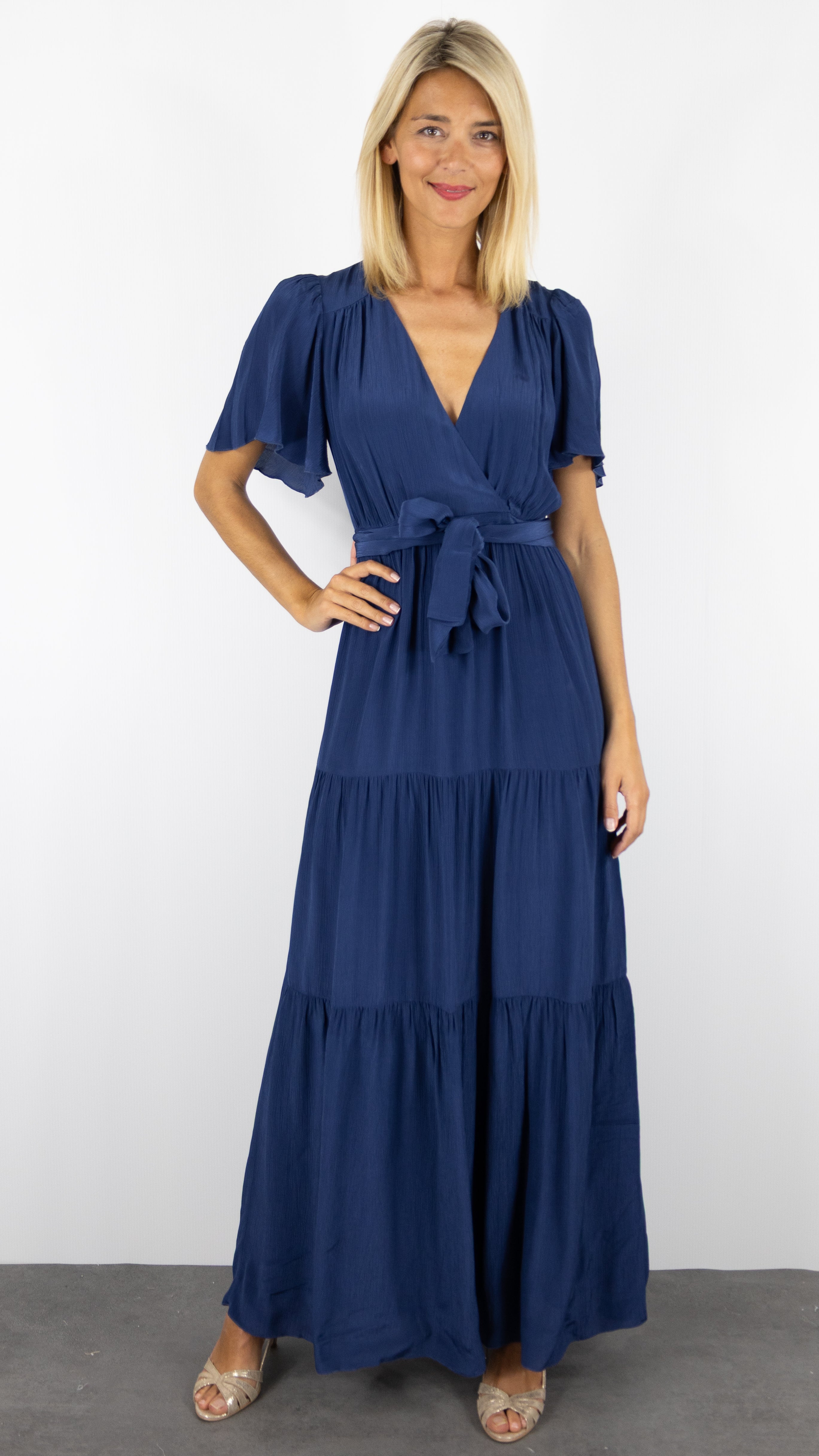 ROBE LONGUE FLUIDE CROISEE BLEU NUIT BA&SH NATALIA 