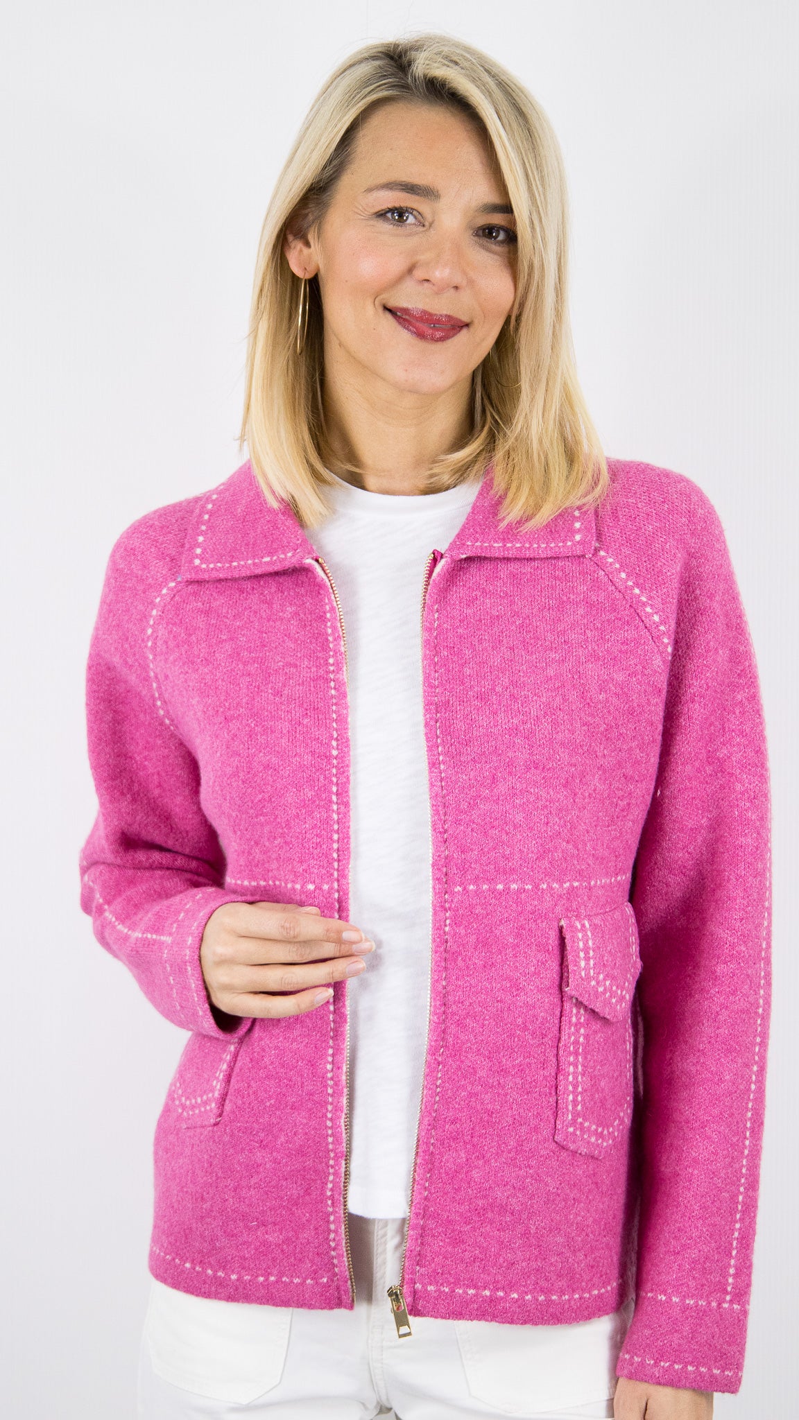 GILET ZIPPE COL POLO POUR FEMME AN'GE NIBA#COLOR_FUSHIA