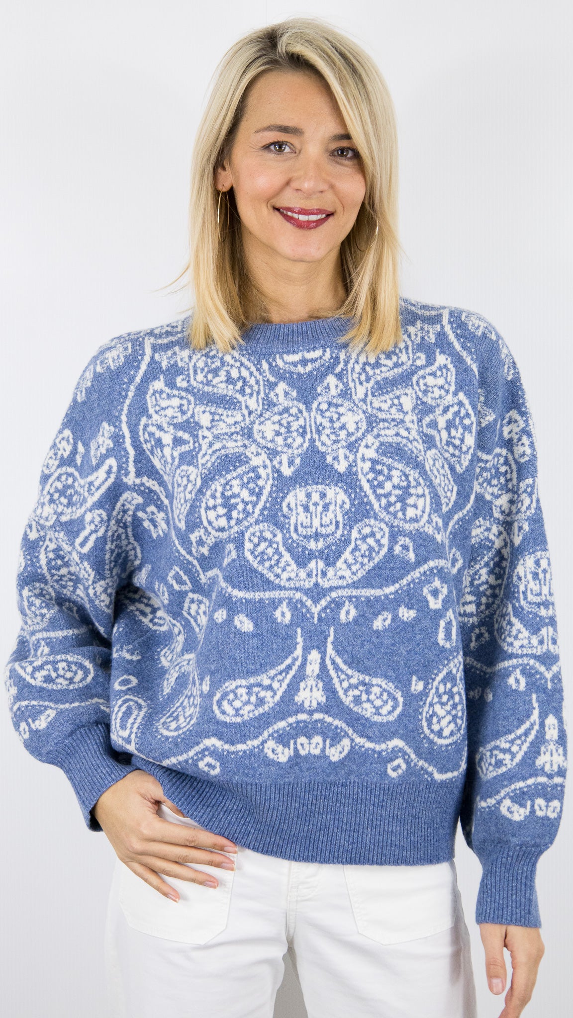 PULL COL ROND IMPRIME CACHEMIRE BLEU FEMME  AN'GE NIDANA