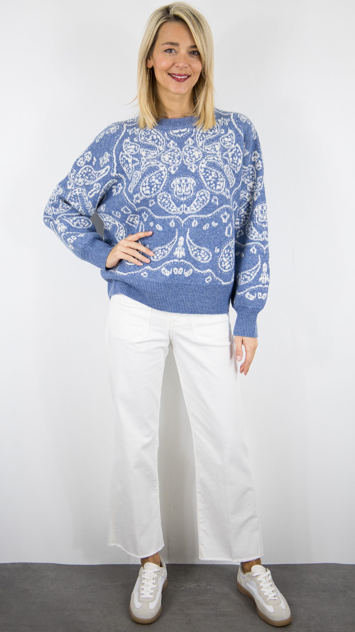 PULL COL ROND IMPRIME CACHEMIRE BLEU FEMME  AN'GE NIDANA