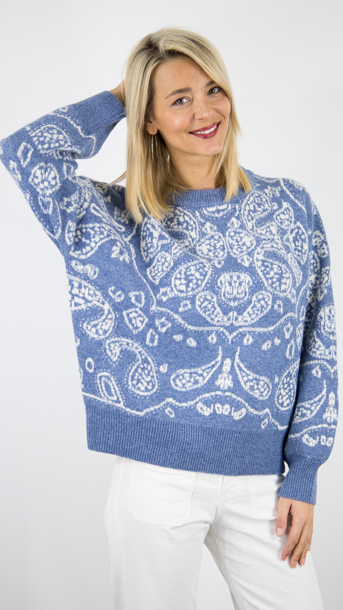PULL COL ROND IMPRIME CACHEMIRE BLEU FEMME  AN'GE NIDANA