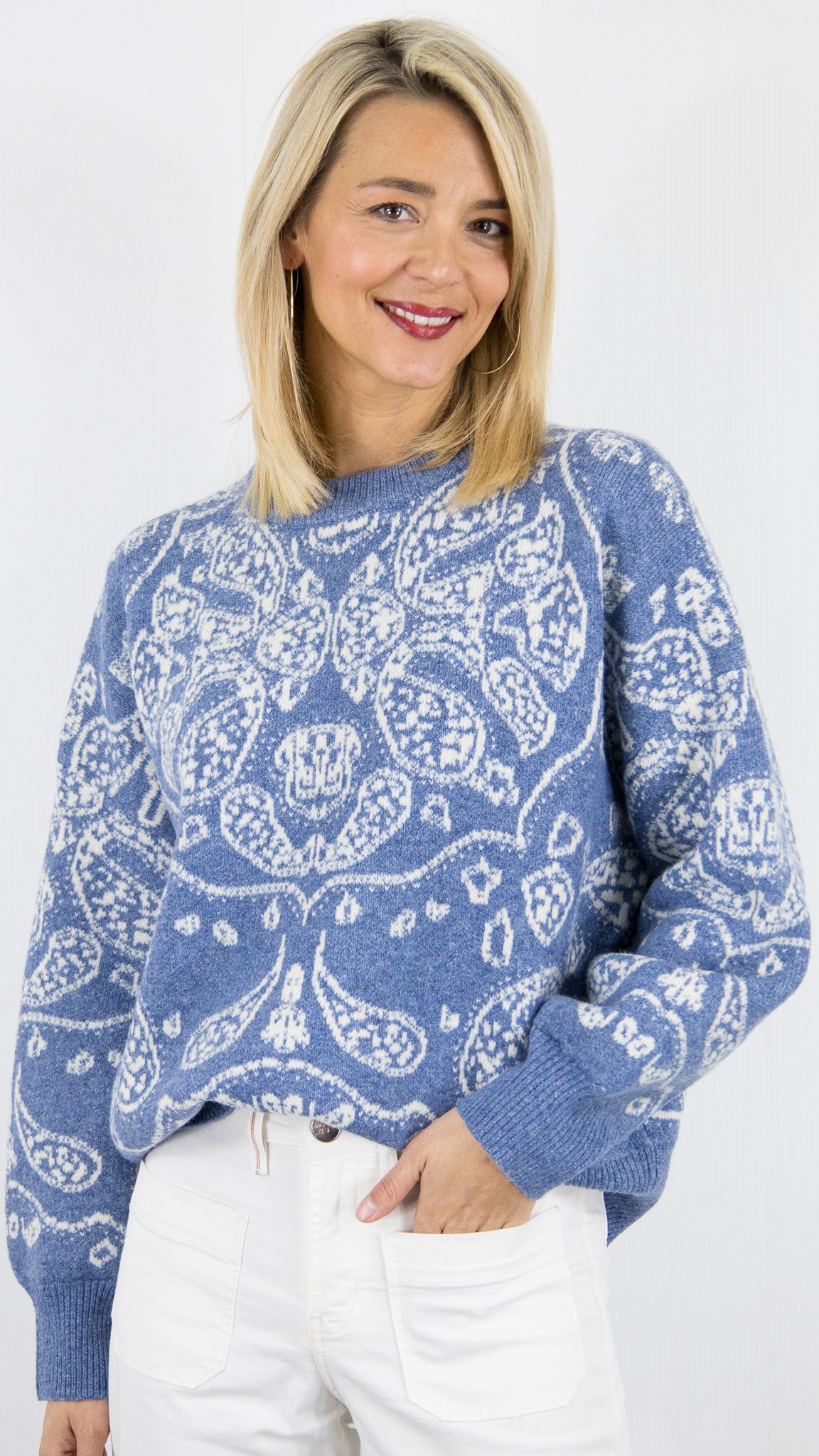 PULL COL ROND IMPRIME CACHEMIRE BLEU FEMME  AN'GE NIDANA