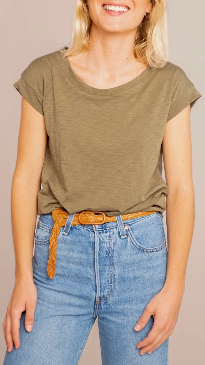 TEE-SHIRT RAS DE COU EN COTON PIMA MANCHES COURTES ANONYM NOELIA#COLOR_OLIVE FLAMME