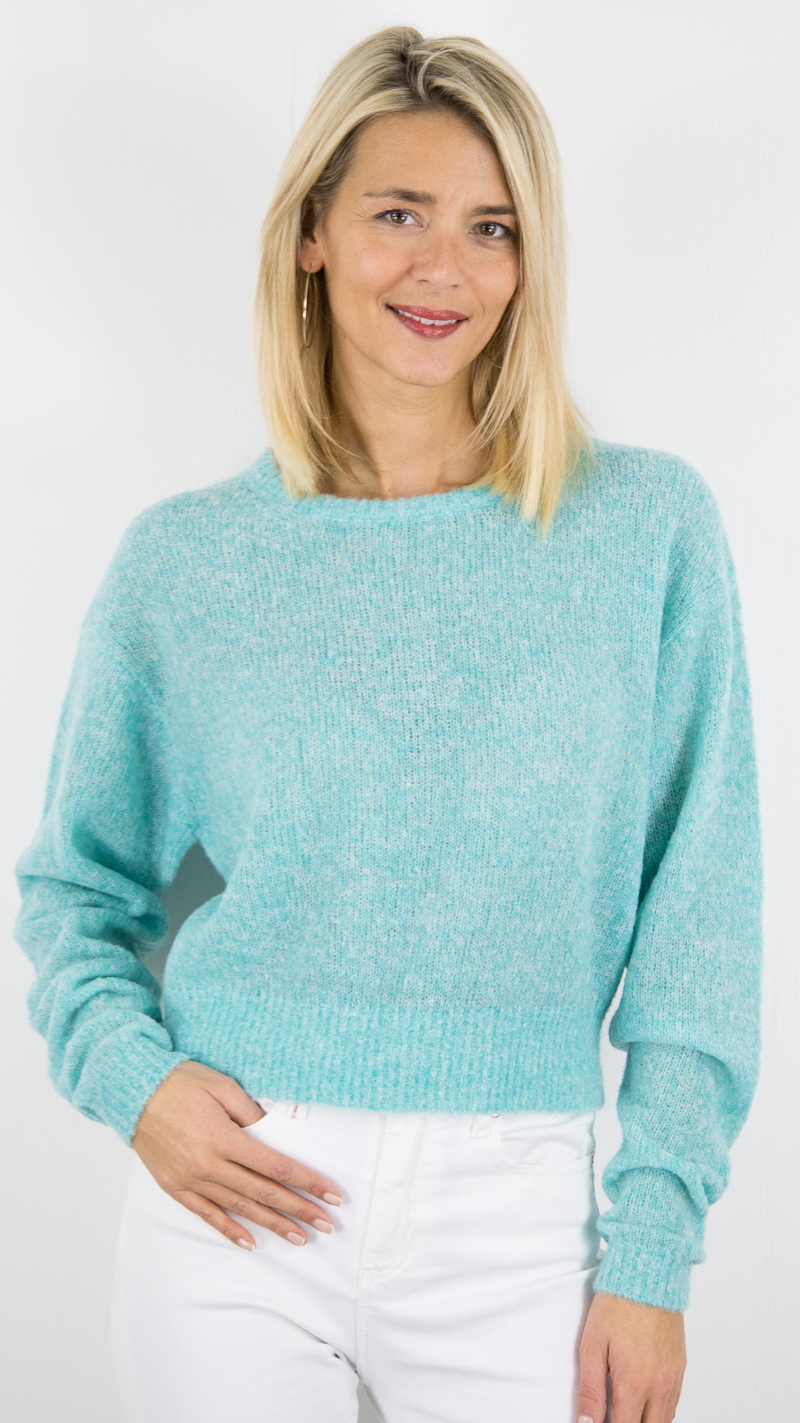 PULL COURT EN LAINE POUR FEMME TURQUOISE FLUO CHINE AMERICAN VINTAGE NUGGY