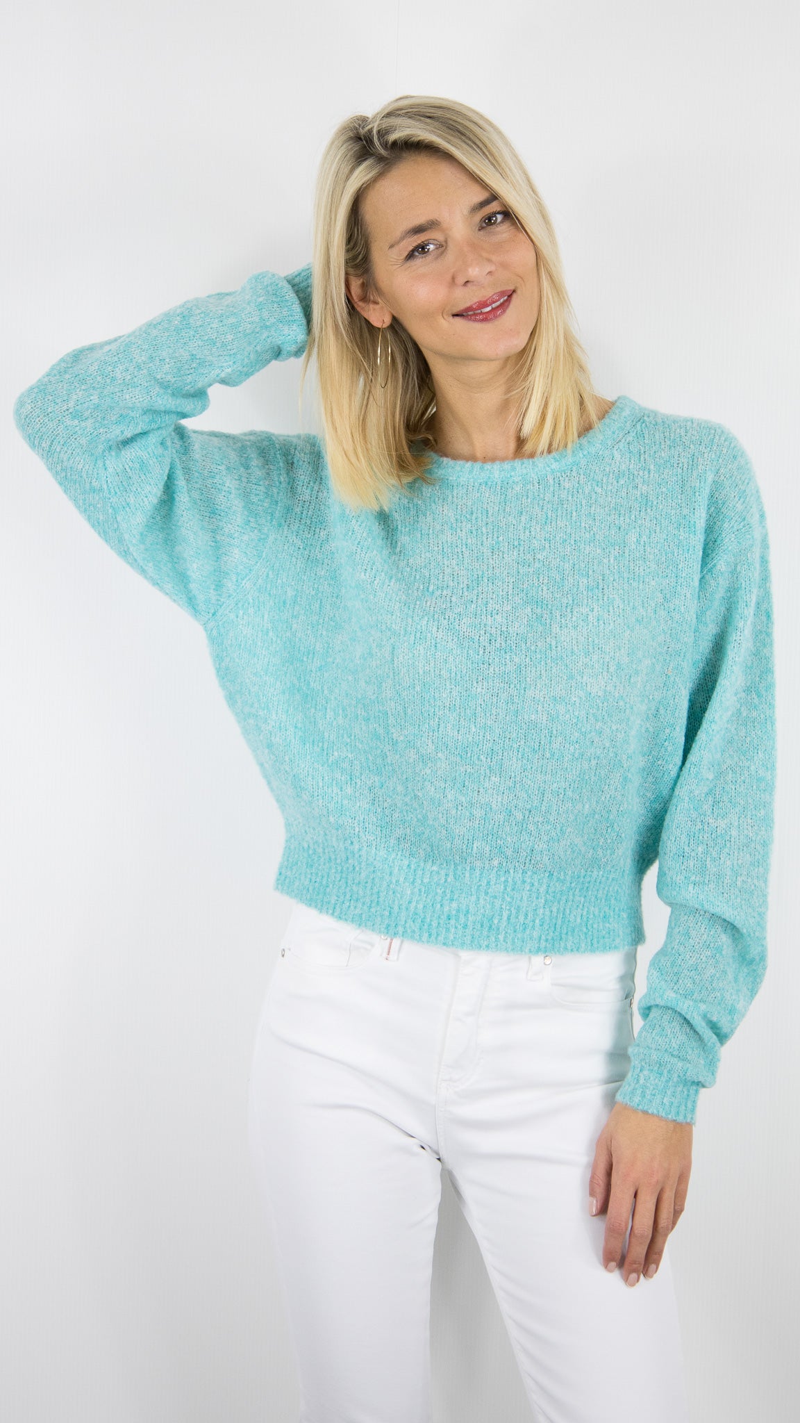 PULL COURT EN LAINE POUR FEMME TURQUOISE FLUO CHINE AMERICAN VINTAGE NUGGY