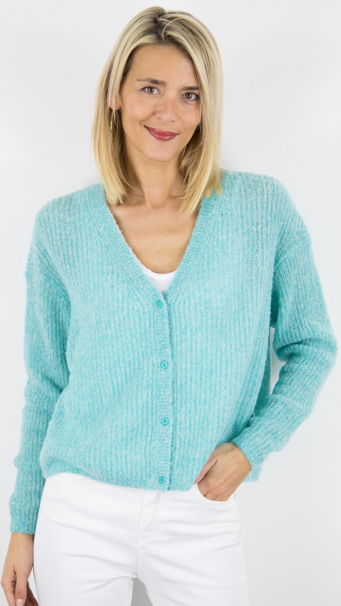 GILET COURT CHINE EN LAINE TURQUOISE AMERICAN VINTAGE NUGGY