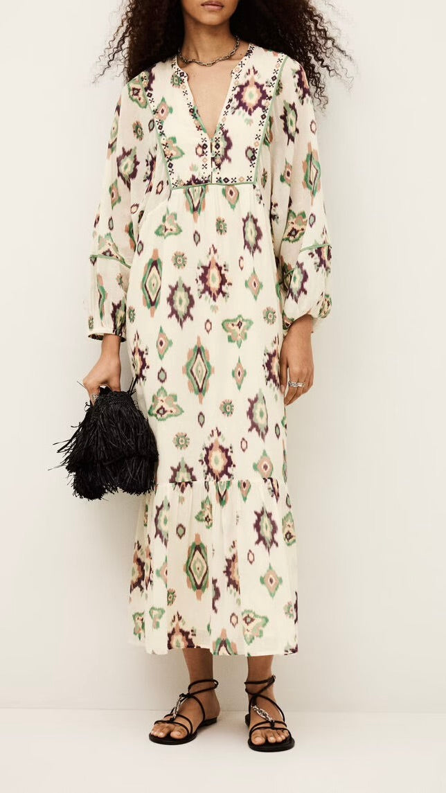 ROBE MIDI COL TUNISIEN  IMPRIME TYE DIE ECRU OELIA BASH 